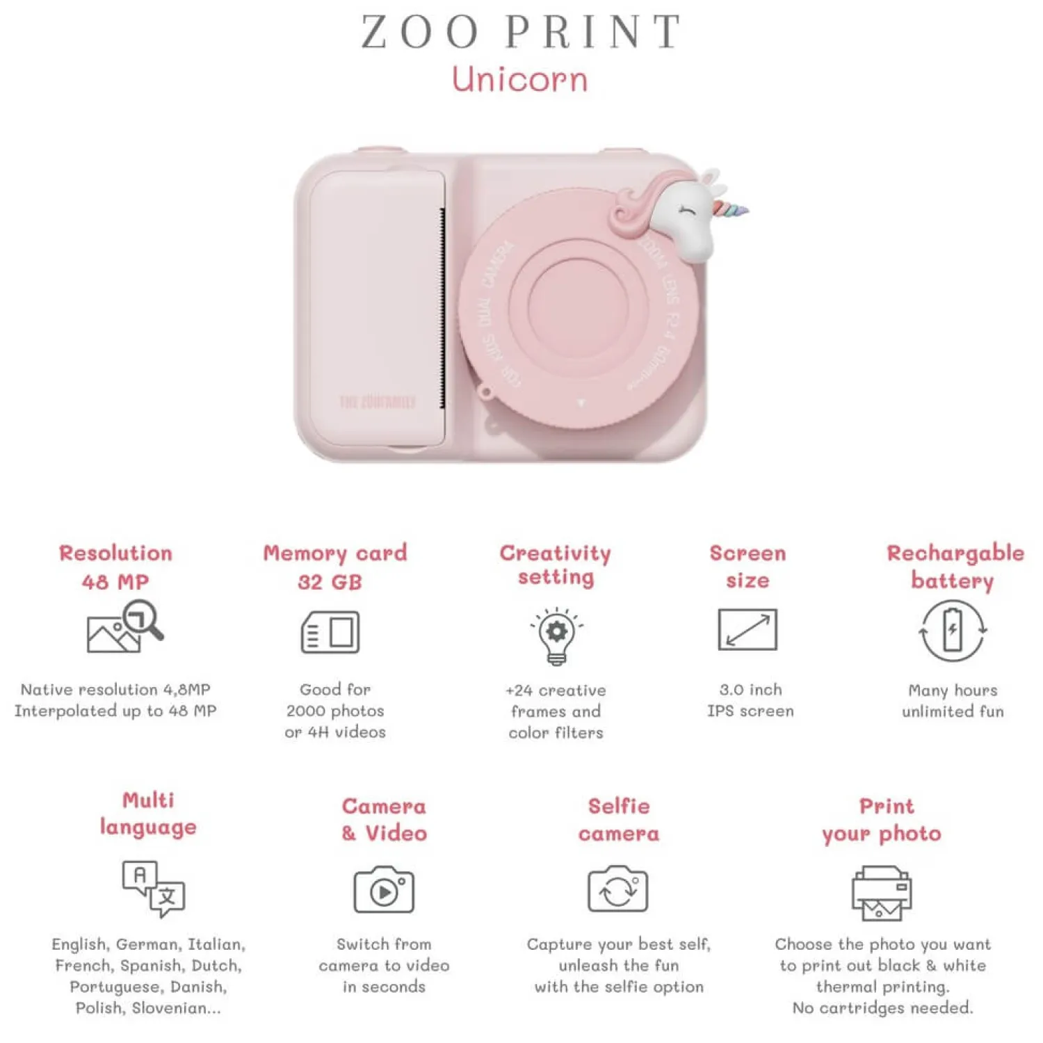 Idealne W Podróży|8 Lat+ | The Zoofamily Aparat cyfrowy z drukarką dla dzieci Zoo Print - Unicorn
