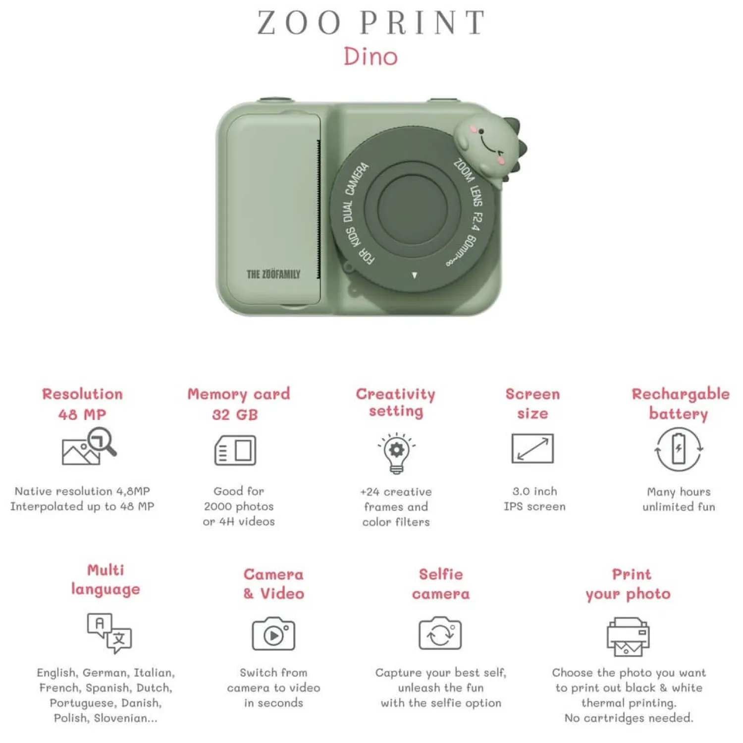 Idealne W Podróży|6 Lat+ | The Zoofamily Aparat cyfrowy z drukarką dla dzieci Zoo Print - Dino Green
