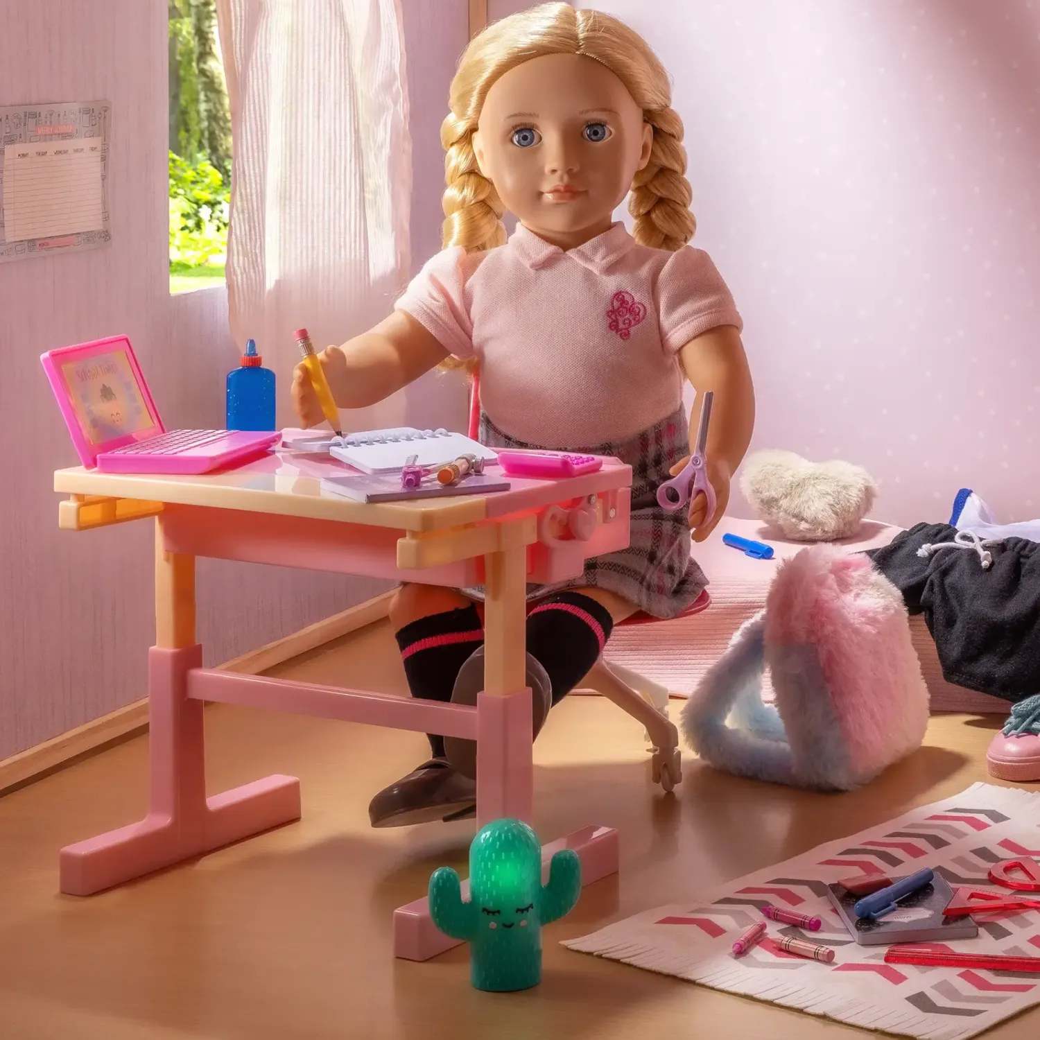 6 Lat+|7 Lat+ | OurGeneration Ławka szkolna z krzesłem, tornistrem i przyborami szkolnymi - School Dreams