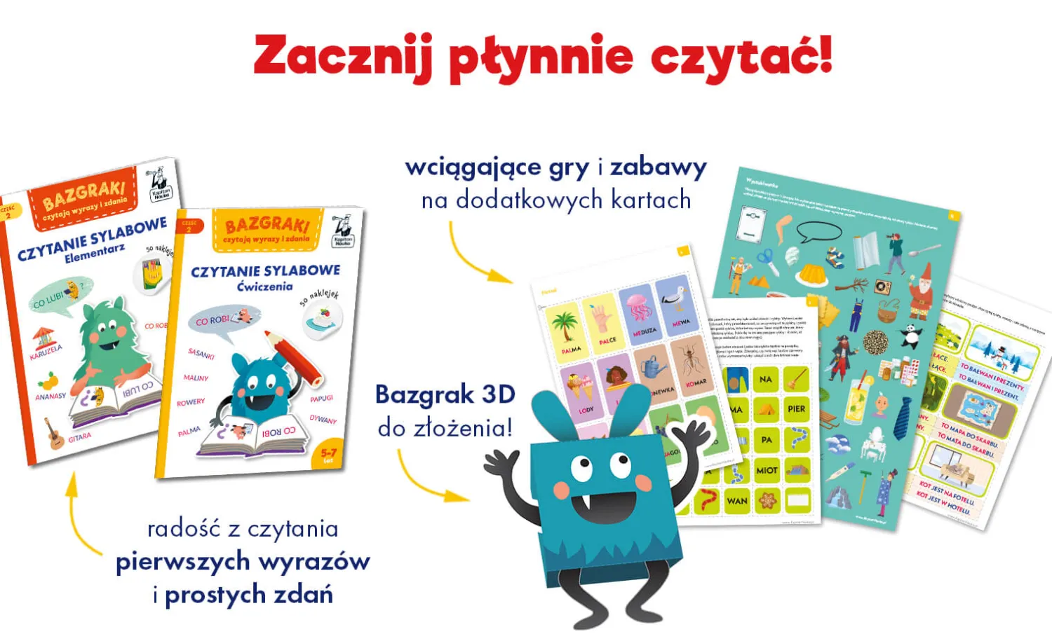 7 Lat+|Naklejki | Kapitan Nauka Bazgraki czytają wyrazy i zdania. Czytanie sylabowe. Teczka edukacyjna.