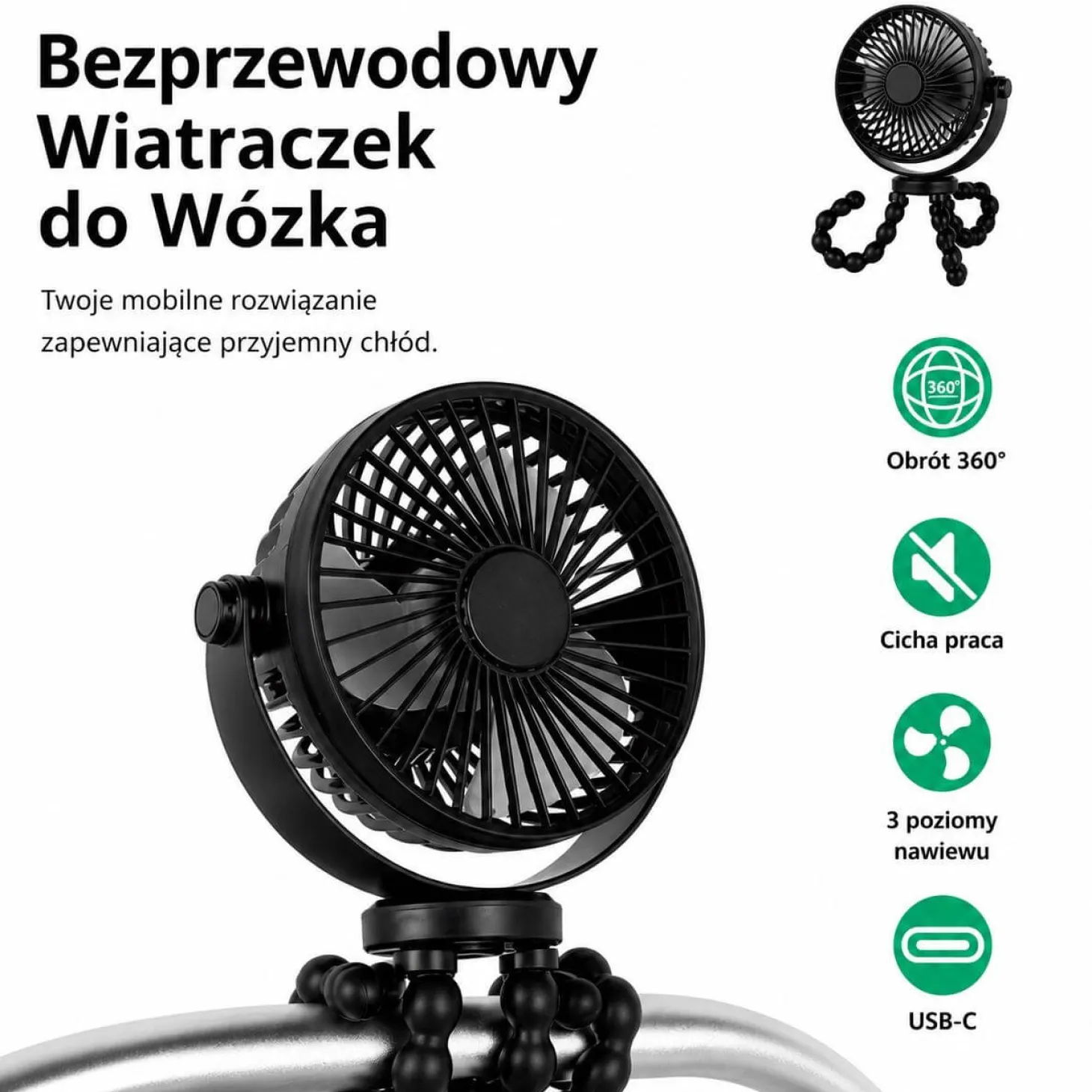 Bezprzewodowy wiatraczek 360° do wózka USB-C