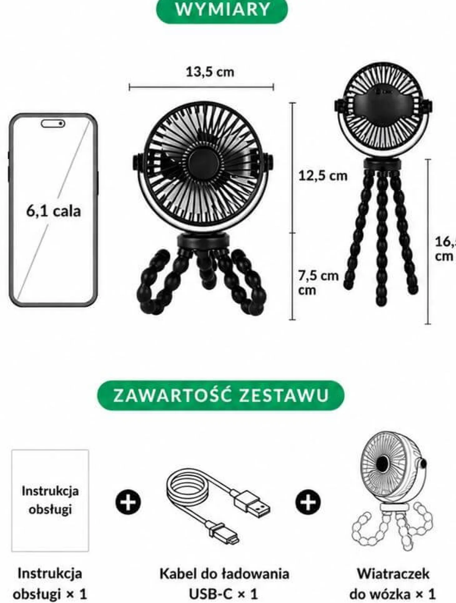 Bezprzewodowy wiatraczek 360° do wózka USB-C