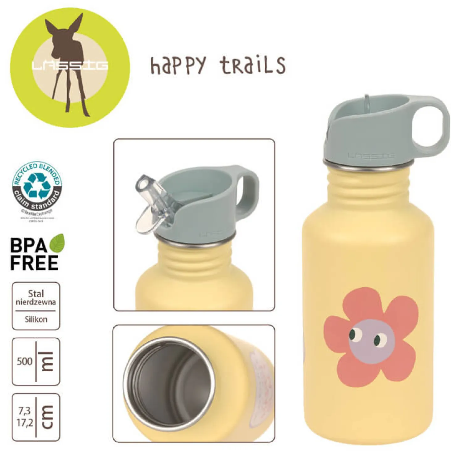 Bidon ze stali nierdzewnej z ustnikiem i uchwytem, 500 ml Happy Trails Flower