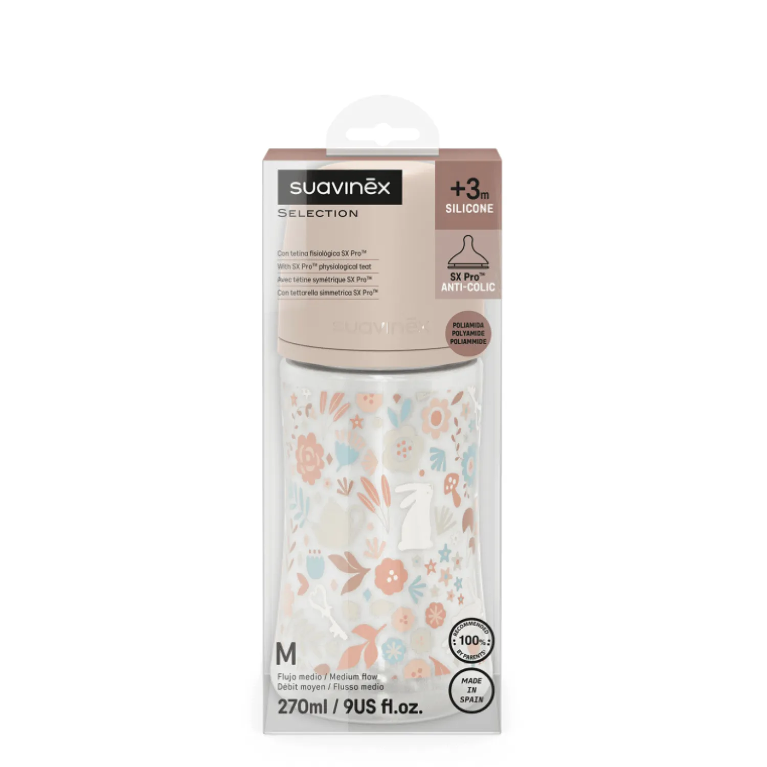 Butelki Do Karmienia|Butelki I Akcesoria | Suavinex Butelka 270 ml ze smoczkiem fizjologicznym SX Pro o średnim przepływie - różowa liberty Wonderland