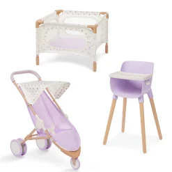 2 Lata +|Akcesoria Dla Lalek | LullaBaby Combo dla lalki niemowlaka – krzesełko do karmienia, kojec i spacerówka, wersja fioletowa