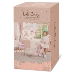 2 Lata +|Akcesoria Dla Lalek | LullaBaby Combo dla lalki niemowlaka – krzesełko do karmienia, kojec i spacerówka, wersja fioletowa