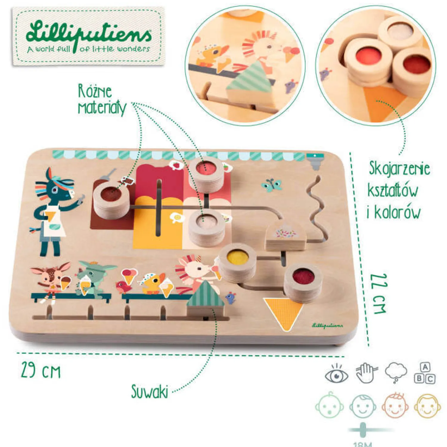 12M+|2 Lata + | Lilliputiens Drewniana tablica labirynt sensoryczny Lodziarnia 18 m+