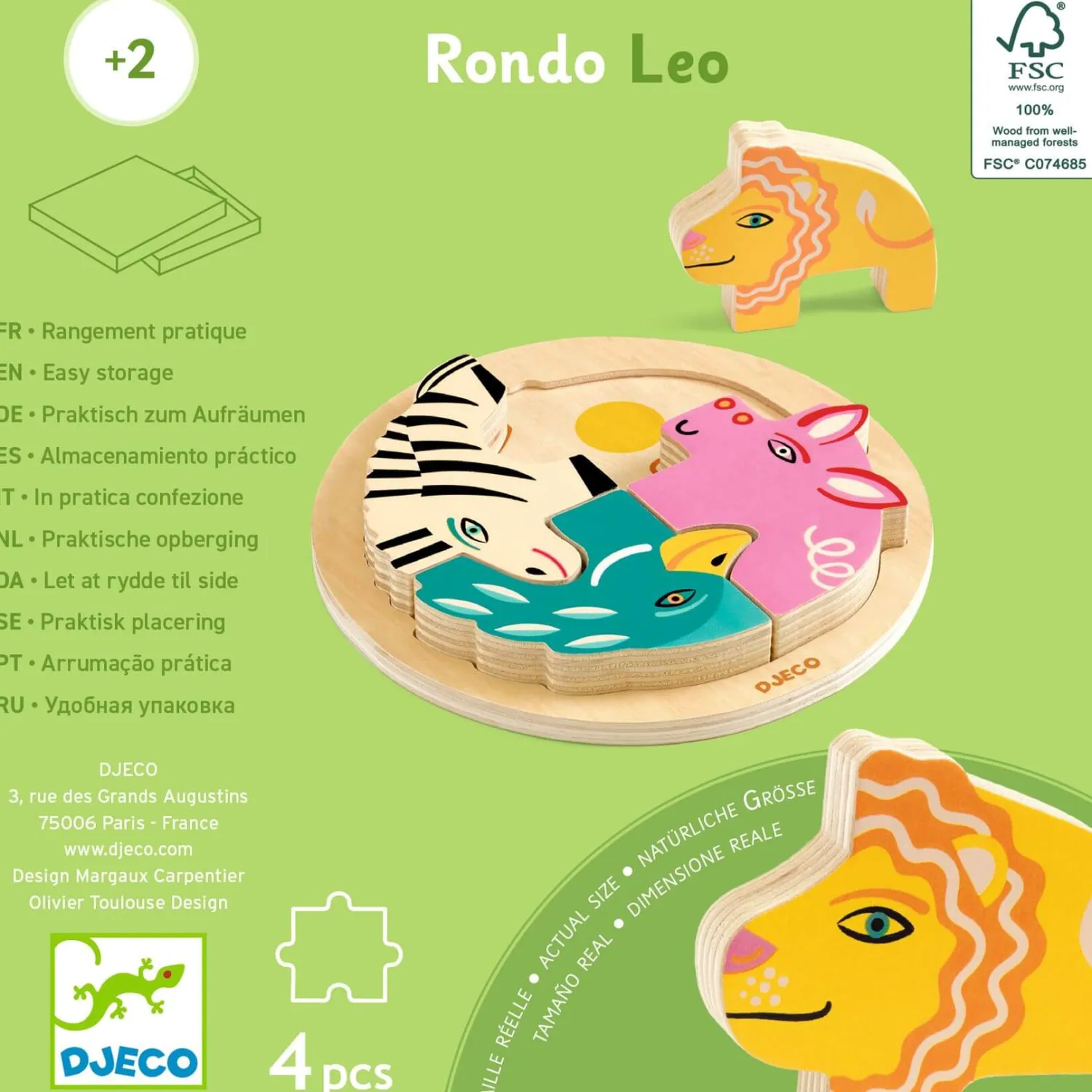2 Lata +|Puzzle | Djeco Drewniane okrągłe puzzle RONDO LEO