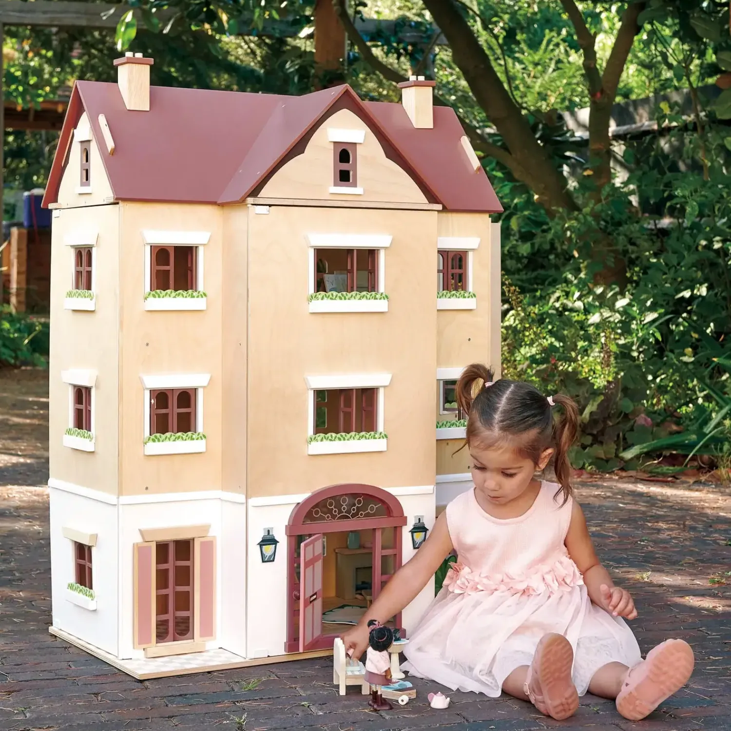 2 Lata +|Akcesoria Dla Lalek | Tender Leaf Toys Drewniany czteropiętrowy domek dla lalek