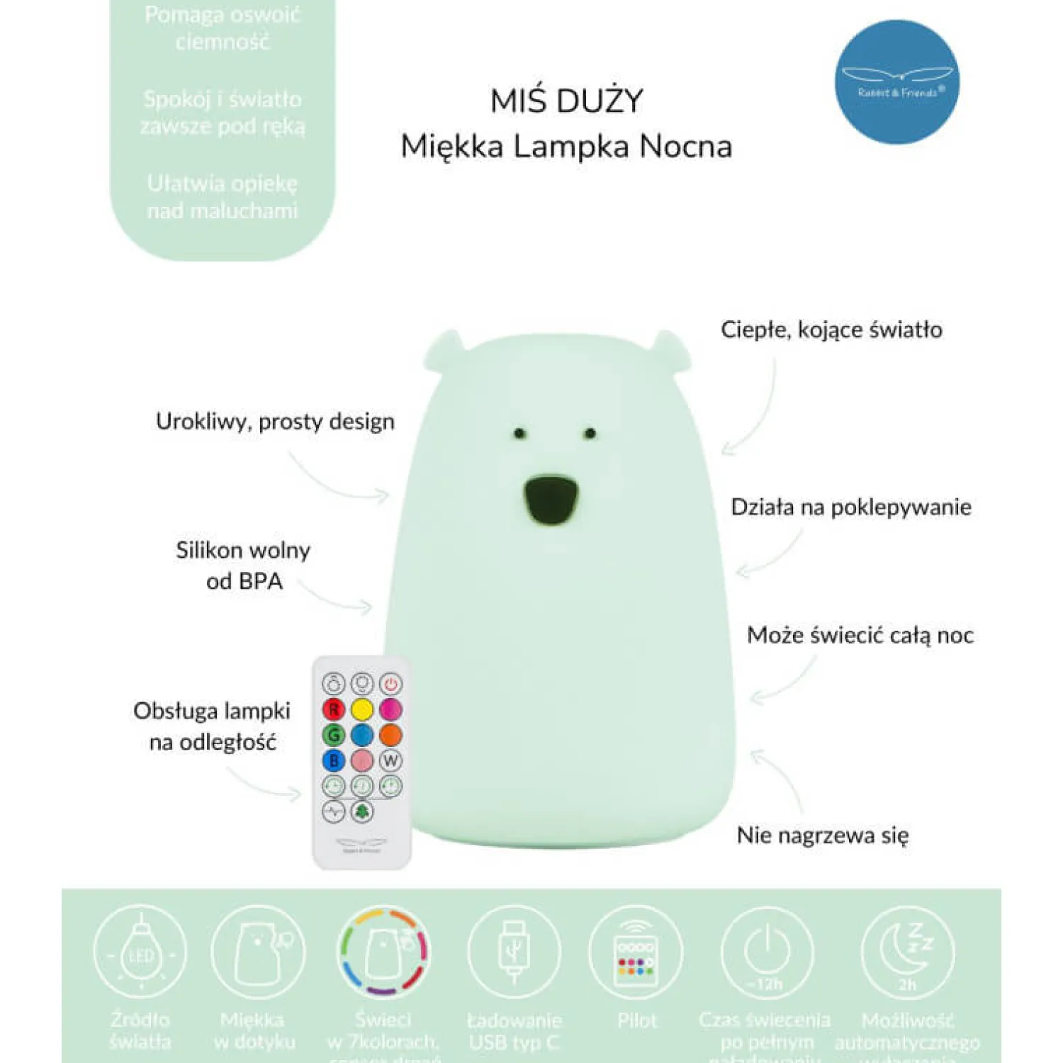 Lampki Nocne|Lampki Nocne | Rabbit&Friends Duża lampka led z PILOTEM MIŚ JASNA MIĘTA bezpieczna dla Twojego dziecka
