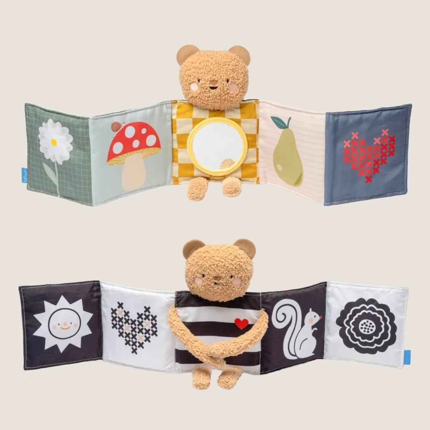 Kontrastowe|Aktywizujące | Taf Toys Dwustronna książeczka sensoryczna - przytulny miś