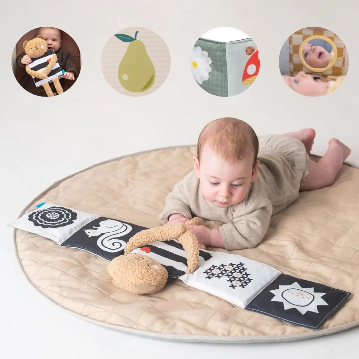 Kontrastowe|Aktywizujące | Taf Toys Dwustronna książeczka sensoryczna - przytulny miś