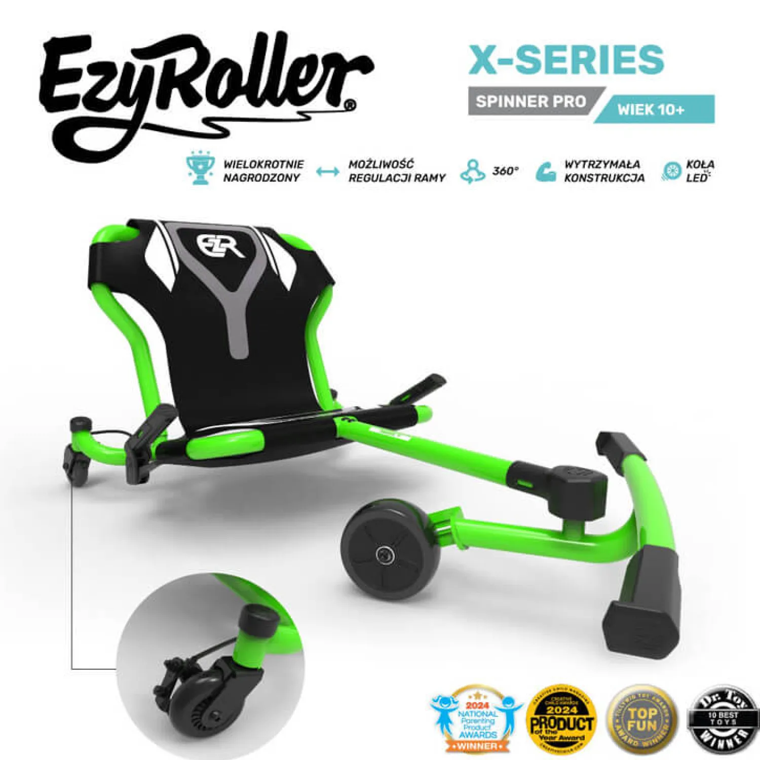 8 Lat+ | EzyRoller Spinner Pro X Pojazd gokart napędzany nogami z funkcją 360° 10 lat+ - Green