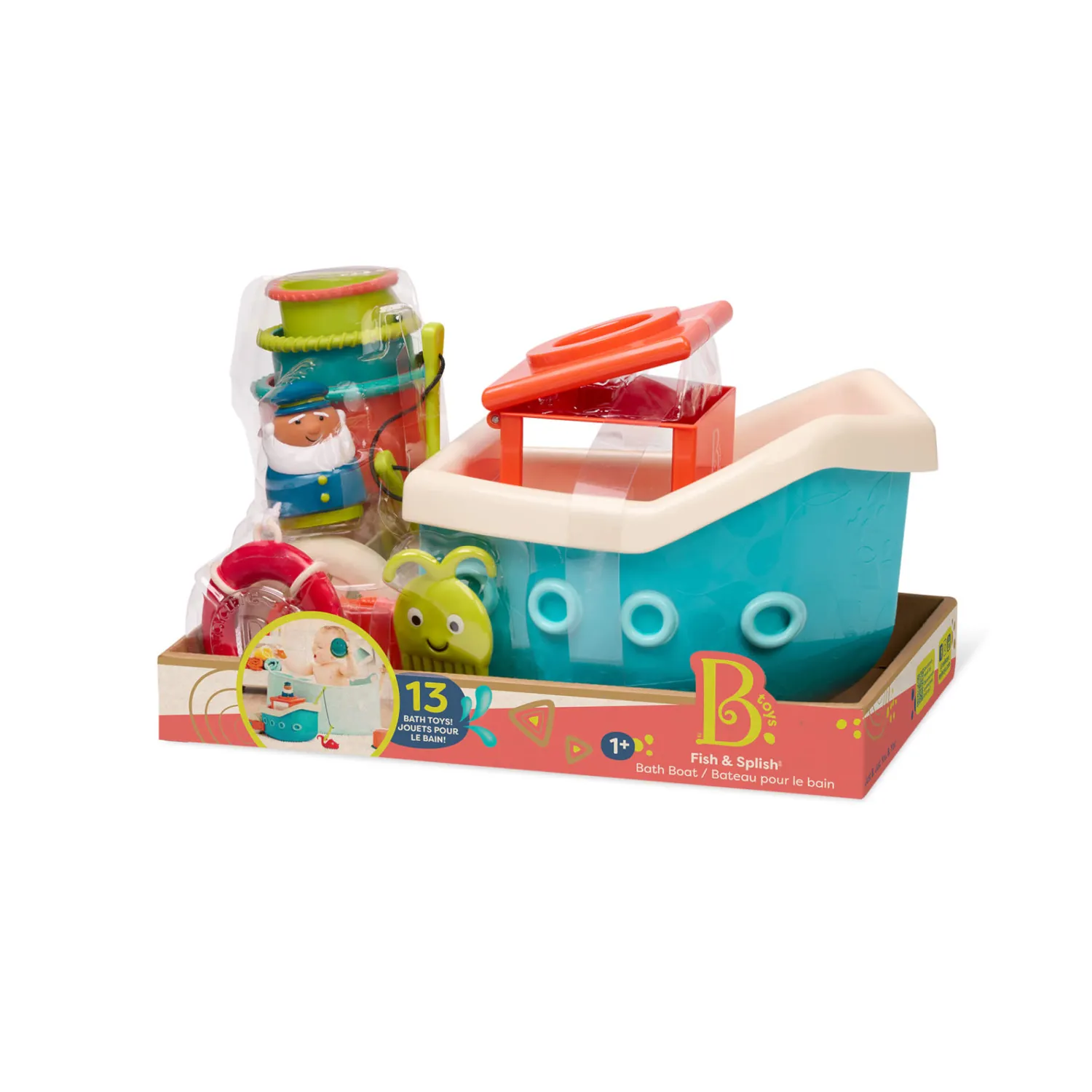 Zabawki Do Kąpieli|12M+ | B.Toys Fish & Splish – statek z akcesoriami - wersja jasnoniebieska