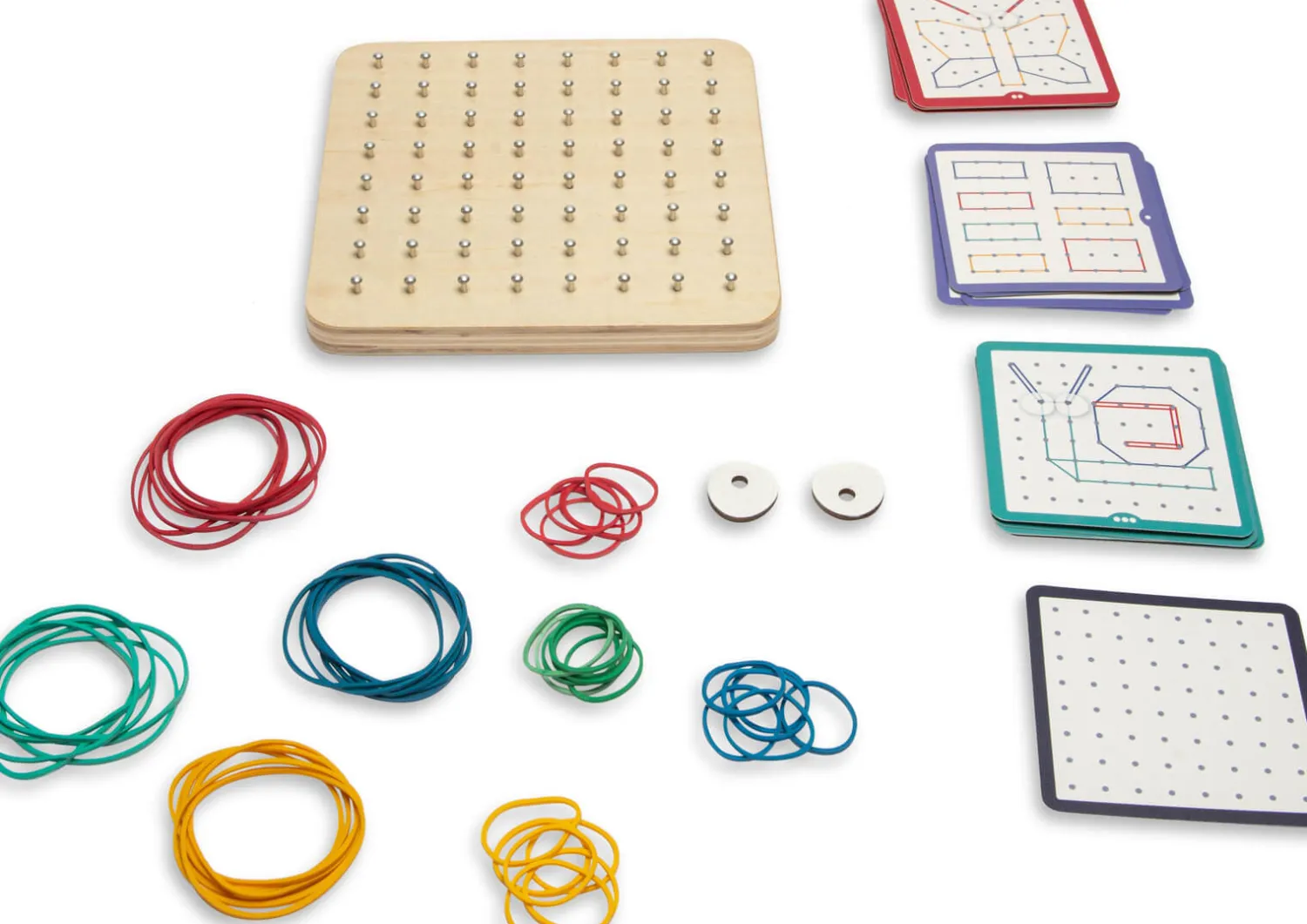 6 Lat+|Aktywizujące | BS Toys Geoplan tablica manipulacyjna edukacyjna z gumkami 48 gumek 20 kart, 4+