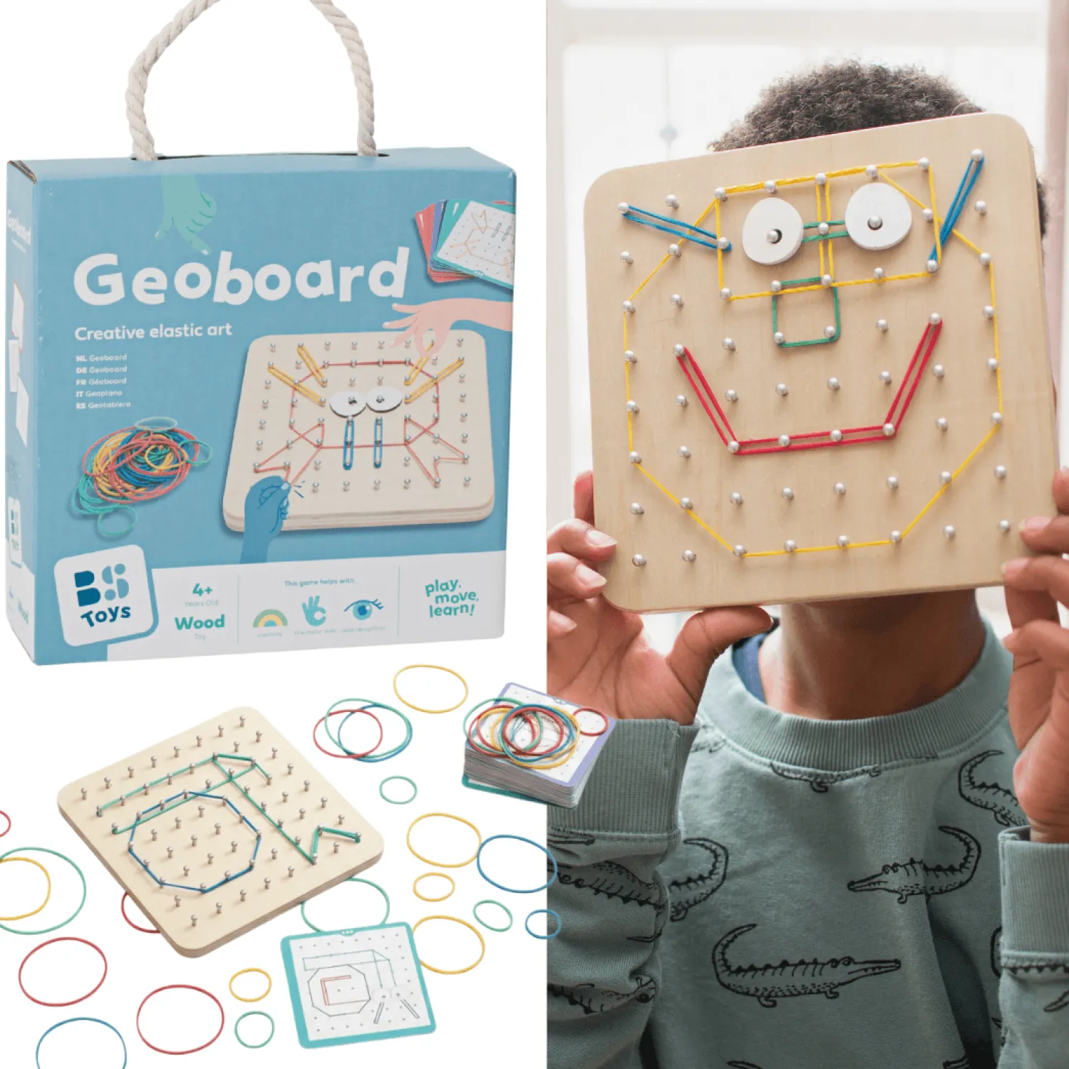 6 Lat+|Aktywizujące | BS Toys Geoplan tablica manipulacyjna edukacyjna z gumkami 48 gumek 20 kart, 4+