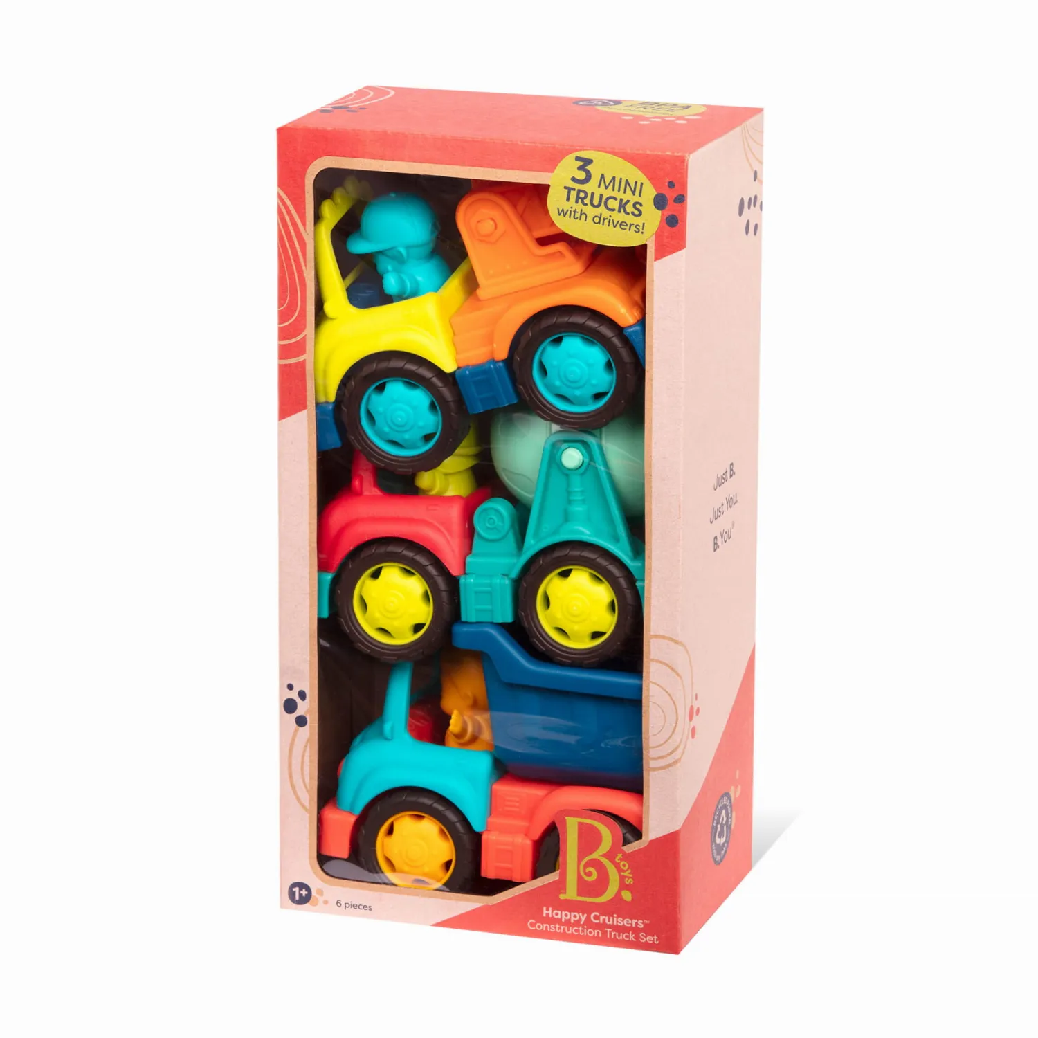 12M+|3 Lata + | B.Toys Happy Cruisers – zestaw 3 samochodów budowlanych z figurkami kierowców