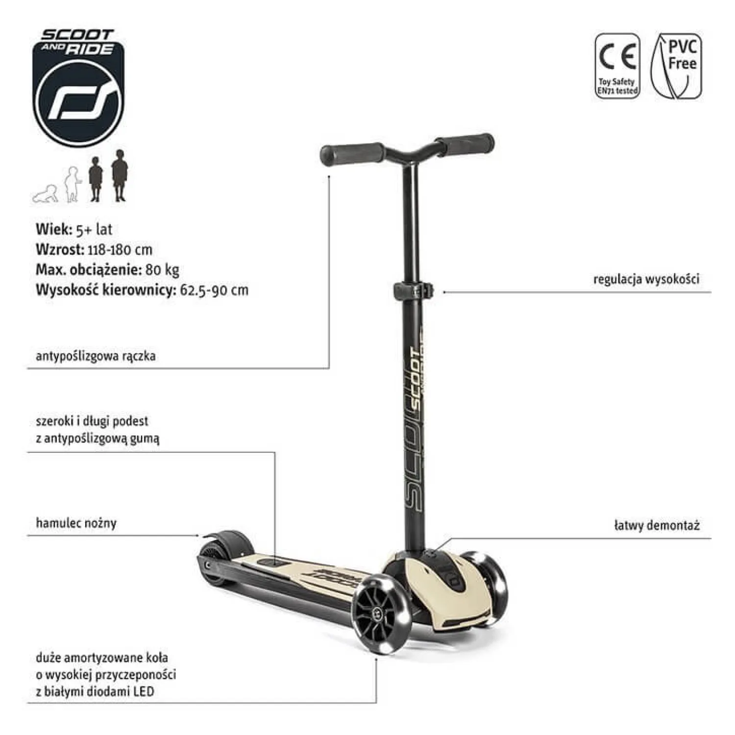 6 Lat+|7 Lat+ | Scootandride Highwaykick 5 LED Hulajnoga trójkołowa balansowa ze świecącymi kółkami 5+ Ash
