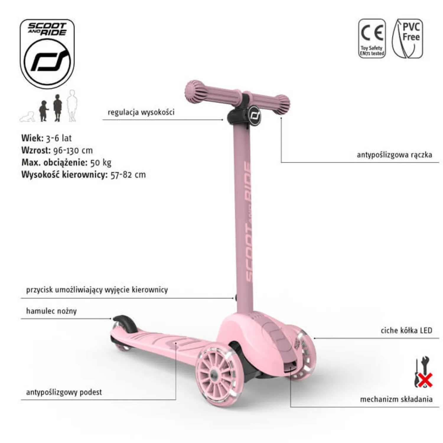 6 Lat+|3 Lata + | Scootandride Highwaykick 3S Hulajnoga z systemem sterowania 2w1 i kółkami LED składana 3+ Rose