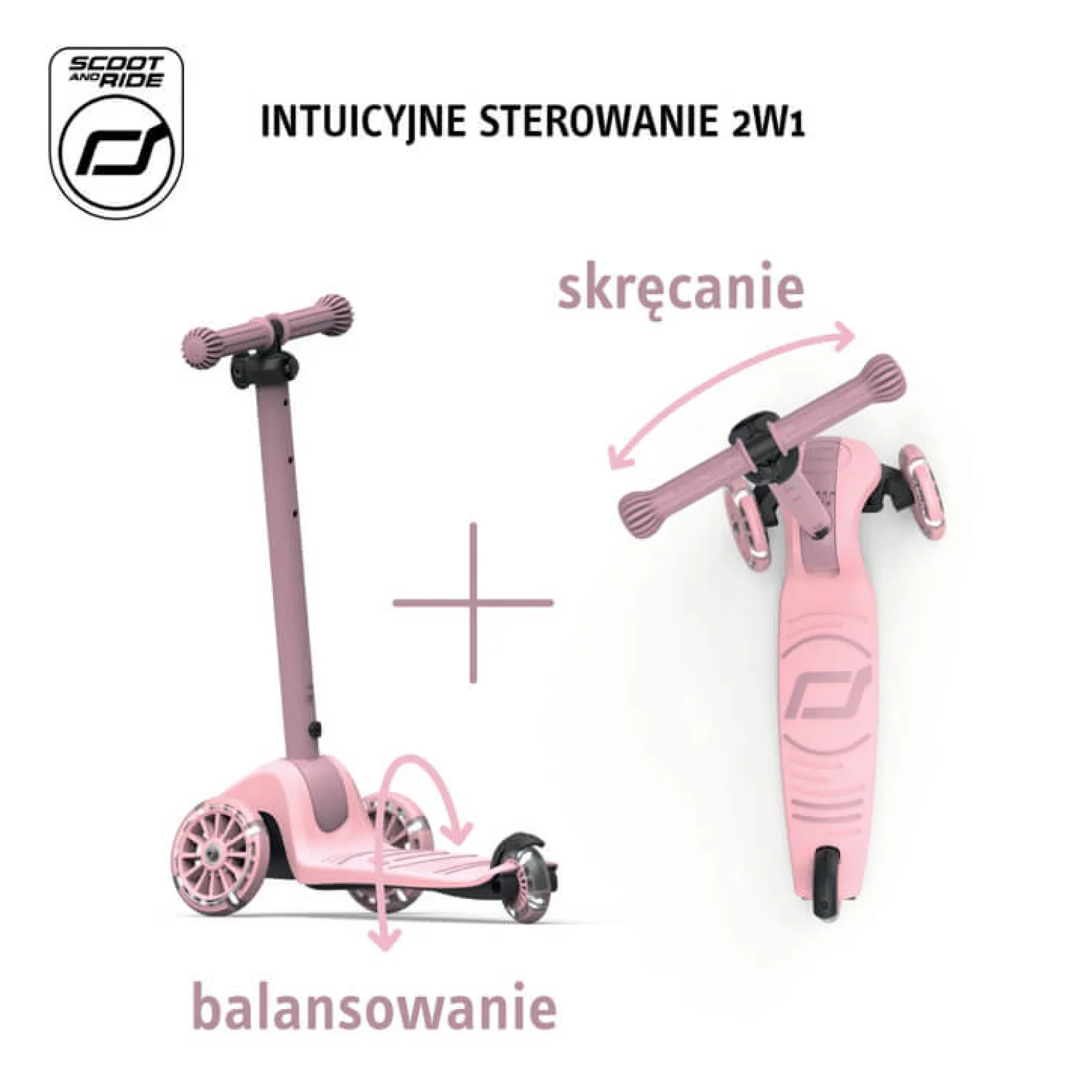 6 Lat+|3 Lata + | Scootandride Highwaykick 3S Hulajnoga z systemem sterowania 2w1 i kółkami LED składana 3+ Rose