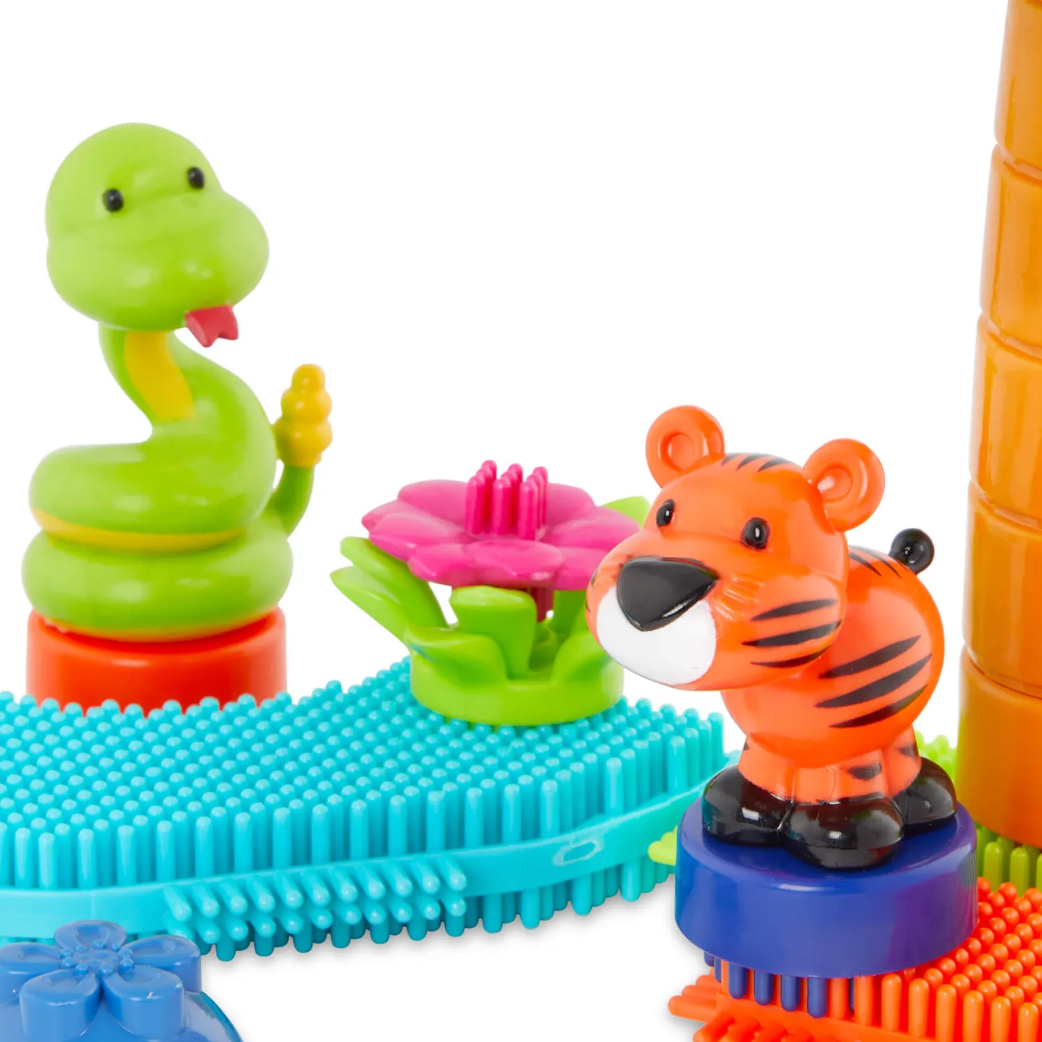 2 Lata +|Klocki | B.Toys Jungle Adventure Bucket - klocki jeżyki w wiadrze - zestaw DŻUNGLA, 128 elementów