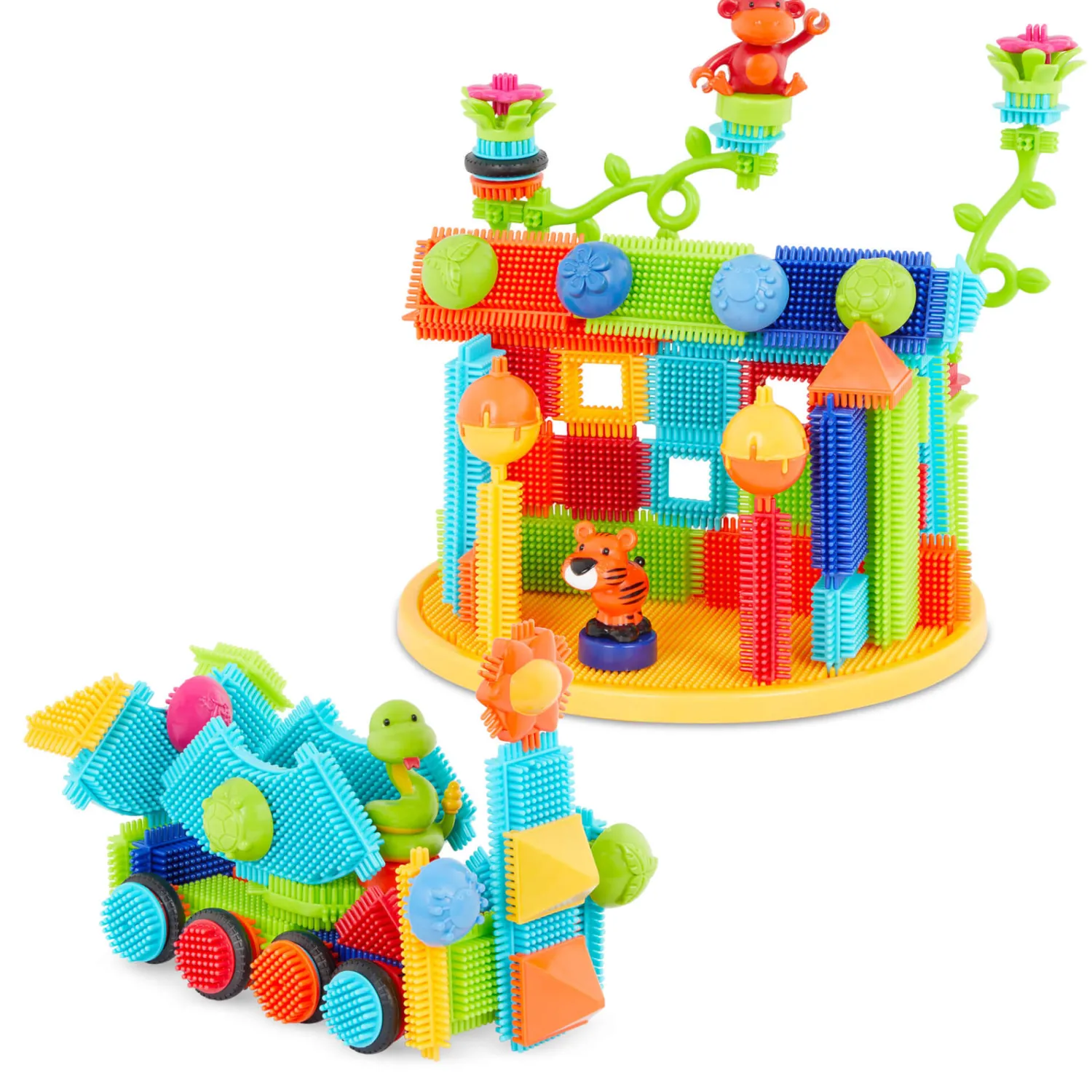 2 Lata +|Klocki | B.Toys Jungle Adventure Bucket - klocki jeżyki w wiadrze - zestaw DŻUNGLA, 128 elementów