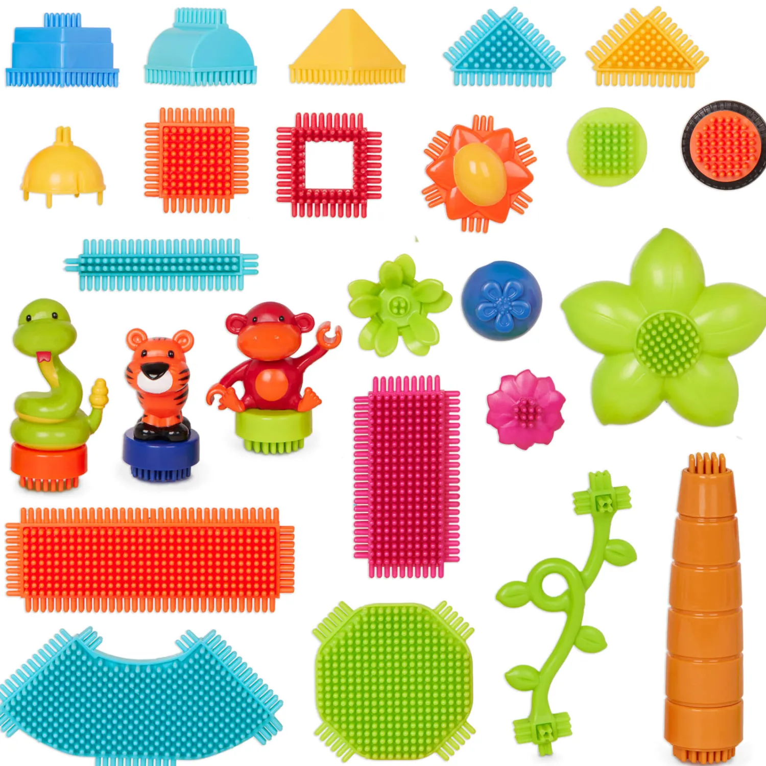 2 Lata +|Klocki | B.Toys Jungle Adventure Bucket - klocki jeżyki w wiadrze - zestaw DŻUNGLA, 128 elementów