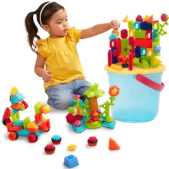 2 Lata +|Klocki | B.Toys Jungle Adventure Bucket - klocki jeżyki w wiadrze - zestaw DŻUNGLA, 128 elementów