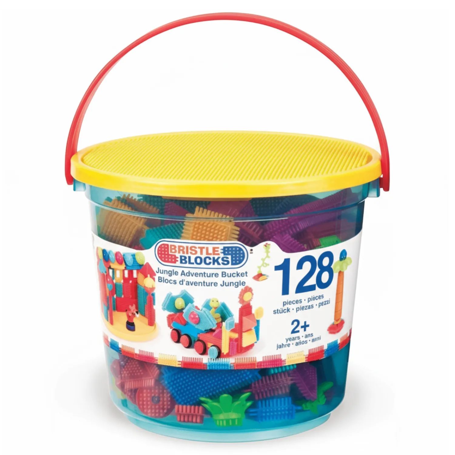 2 Lata +|Klocki | B.Toys Jungle Adventure Bucket - klocki jeżyki w wiadrze - zestaw DŻUNGLA, 128 elementów