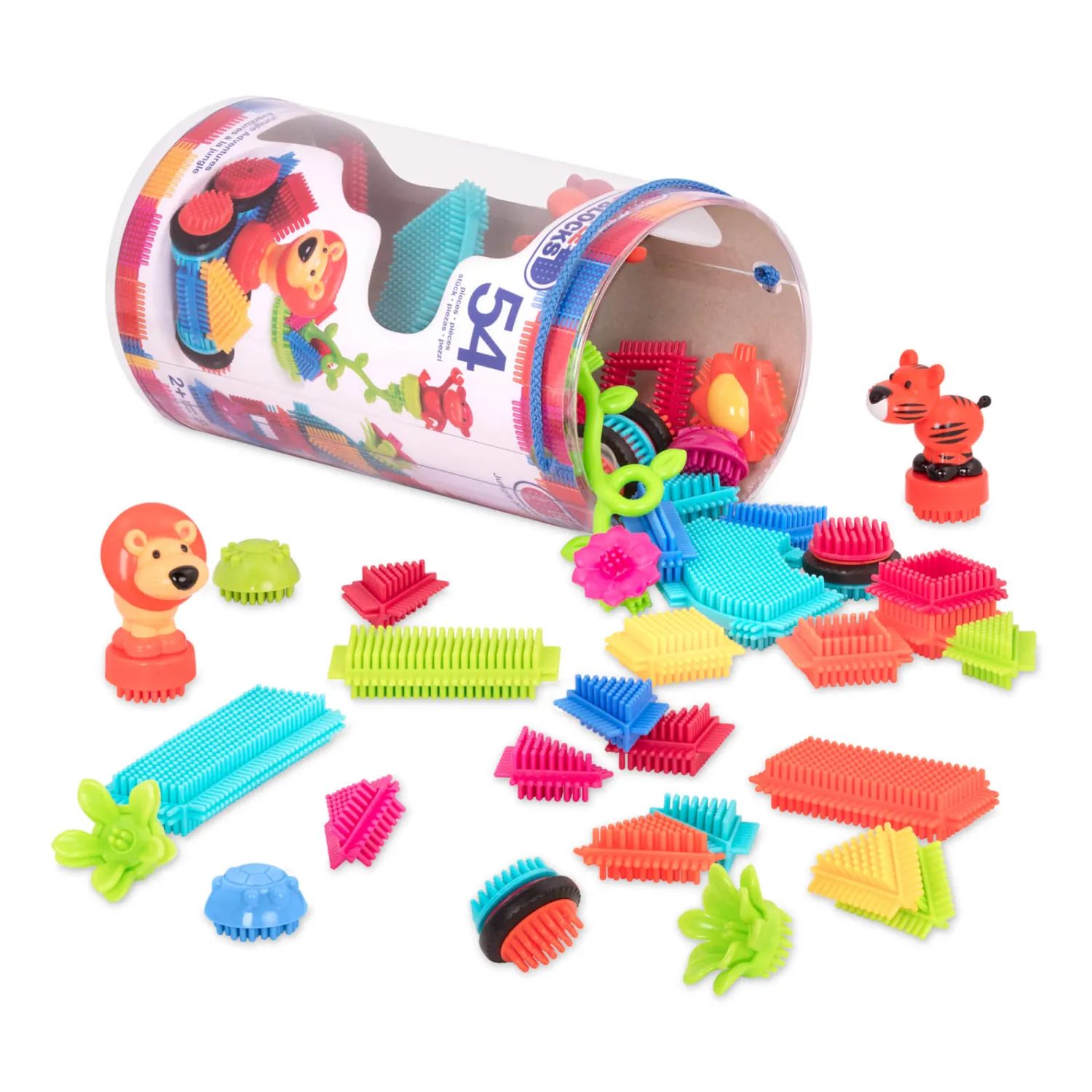 6 Lat+|3 Lata + | B.Toys Jungle Adventures - klocki jeżyki w tubie - zestaw DŻUNGLA, 54 elementy
