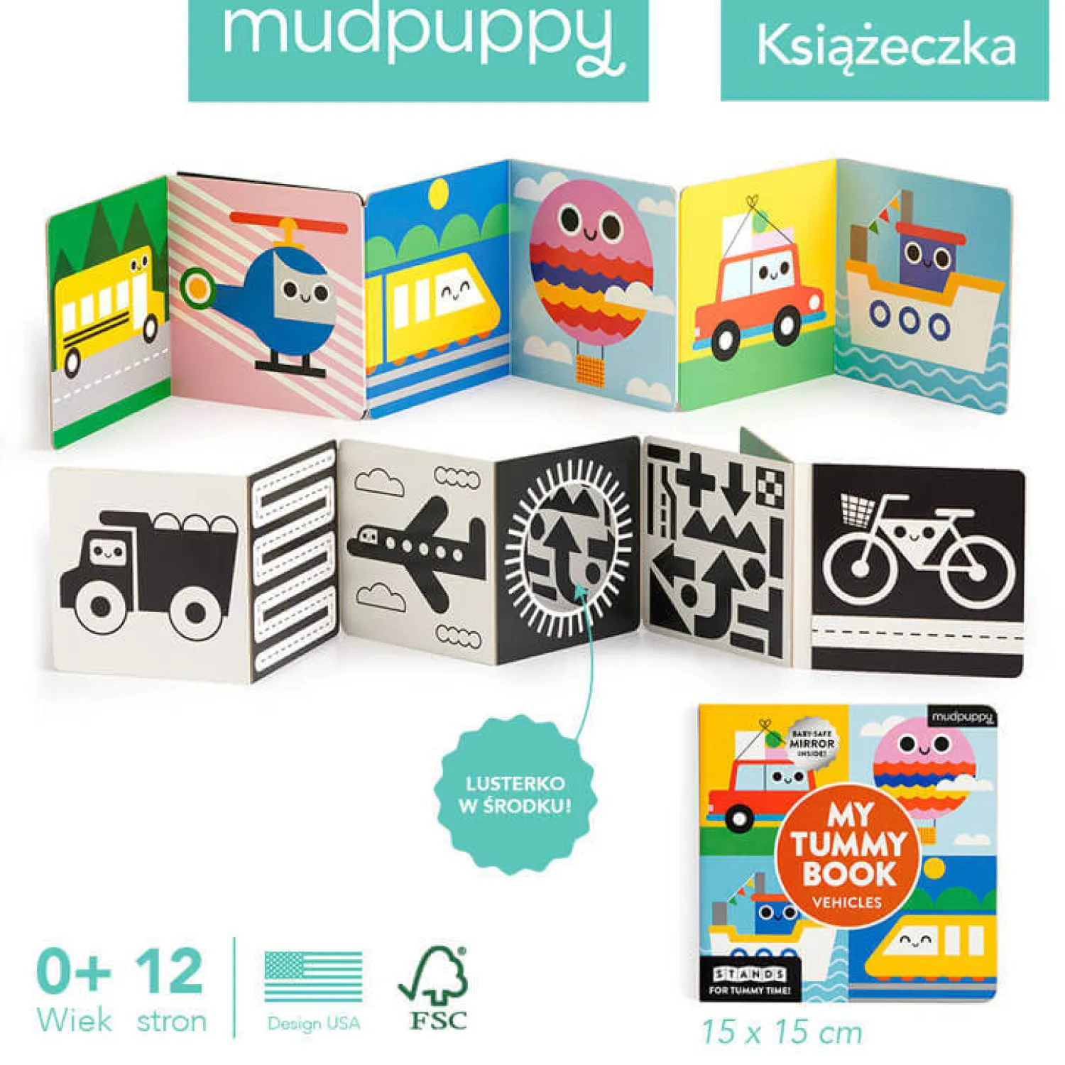 Kontrastowe|Zabawki Kontrastowe | Mudpuppy Kartonowa kontrastowa dwustronna książeczka harmonijka Pojazdy 0+