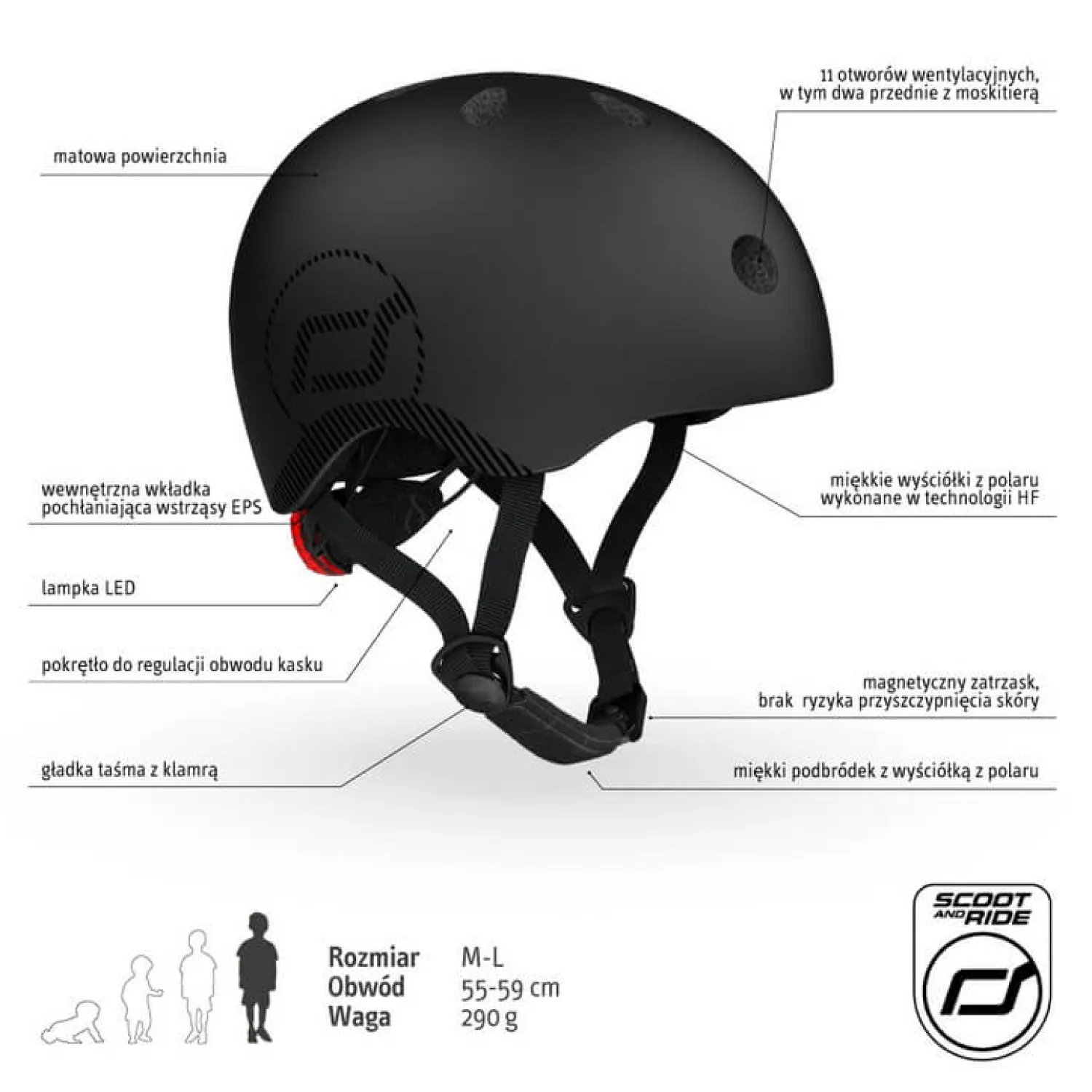 Kaski Dla Dzieci|Przydatne Akcesoria | Scootandride Kask M-L dla starszych dzieci i nastolatków Black