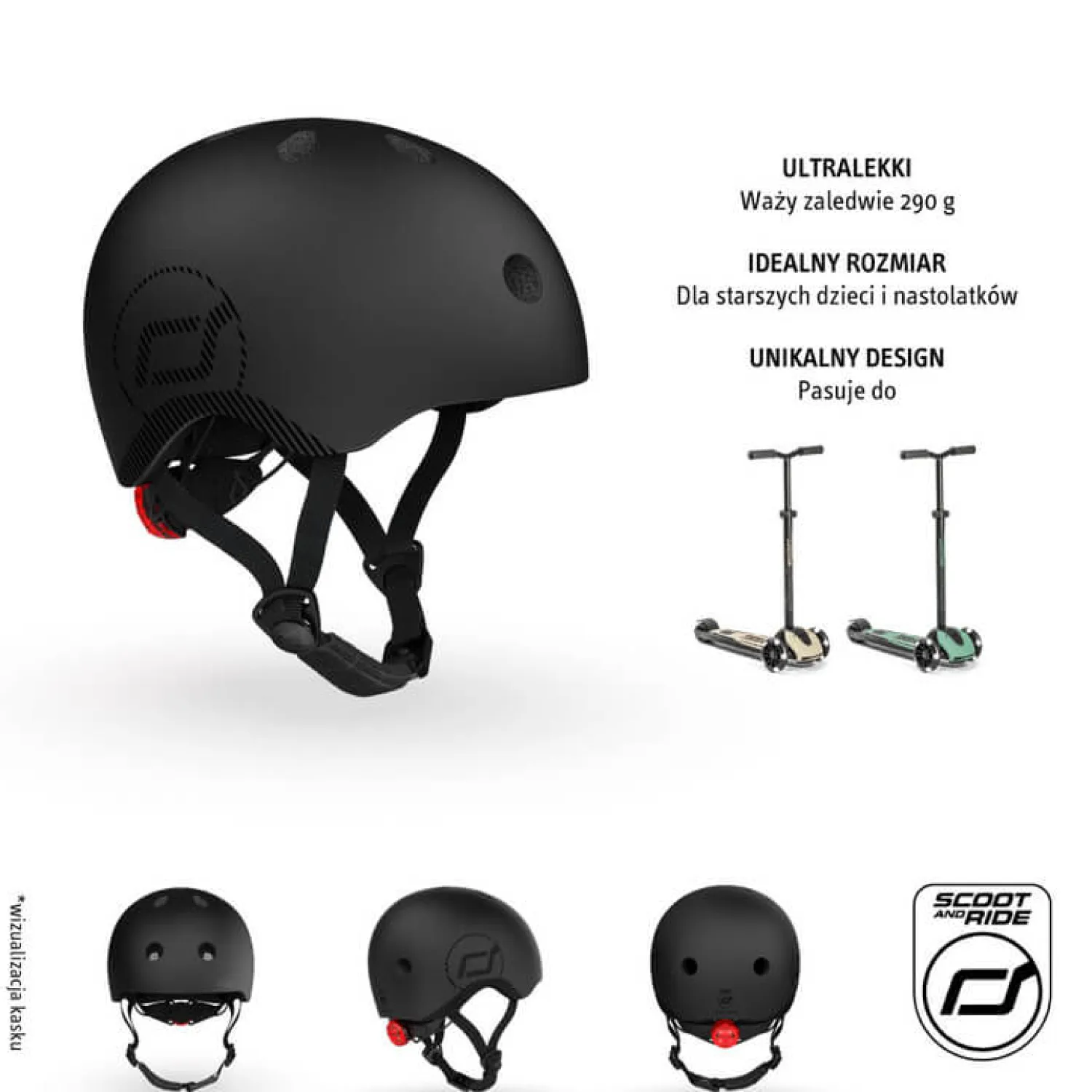 Kaski Dla Dzieci|Przydatne Akcesoria | Scootandride Kask M-L dla starszych dzieci i nastolatków Black
