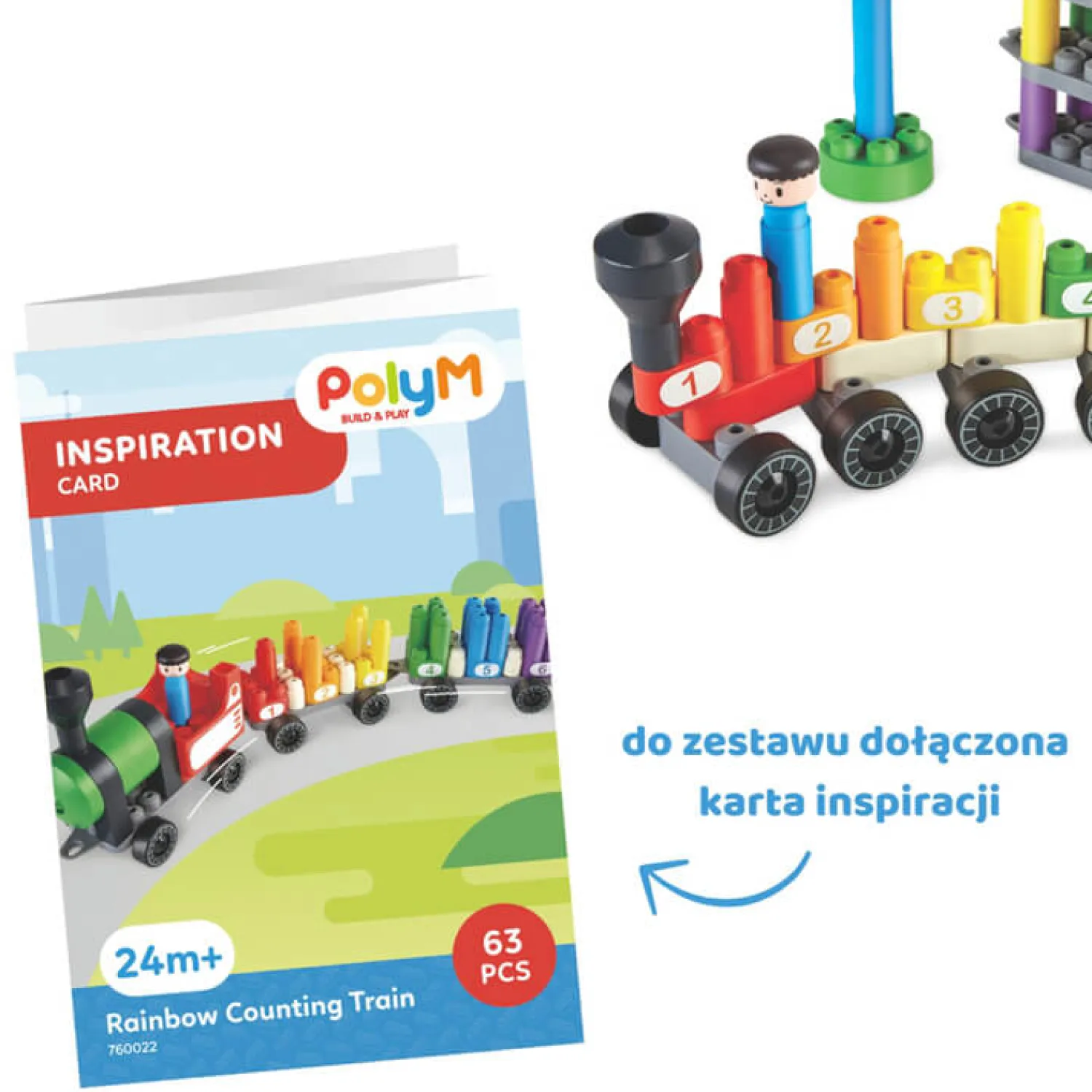 2 Lata +|Edukacyjne | PolyM Klocki konstrukcyjne Tęczowy pociąg do liczenia 63 el., 2+