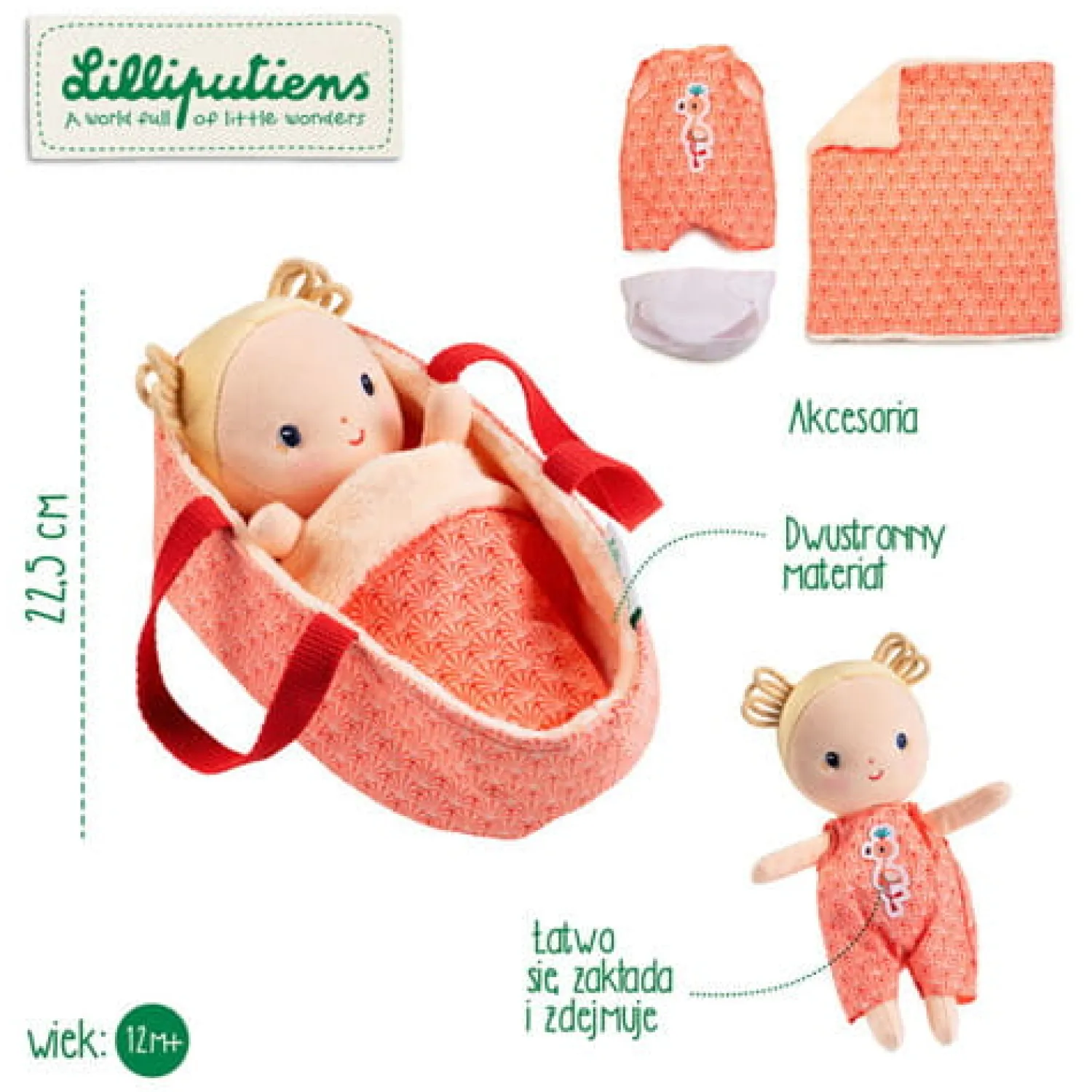 12M+|3 Lata + | Lilliputiens Lalka dzidziuś w koszyczku z ubrankiem i kocykiem Anais 12 m+