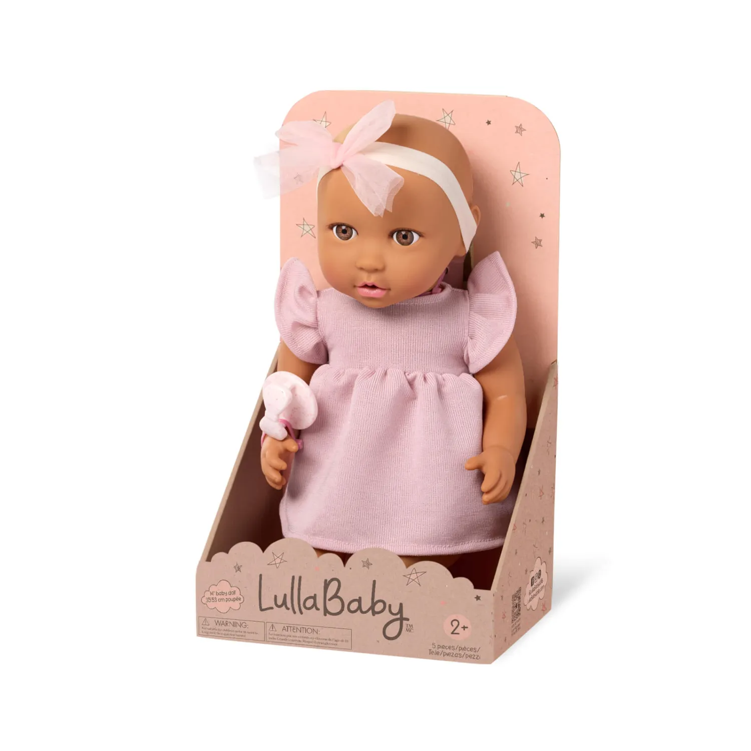6 Lat+|3 Lata + | LullaBaby Lalka niemowlę ze smoczkiem, w sukience i opasce, wersja różowa
