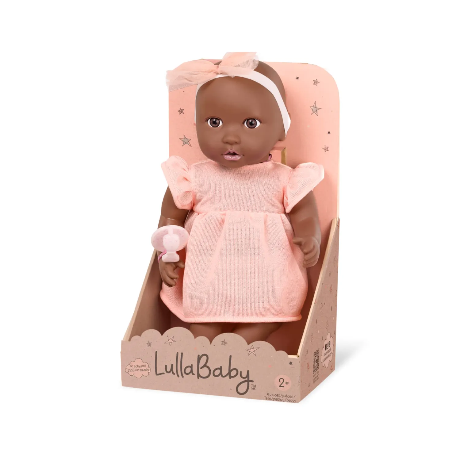 6 Lat+|3 Lata + | LullaBaby Lalka niemowlę ze smoczkiem, w sukience i opasce, wersja brzoskwiniowa