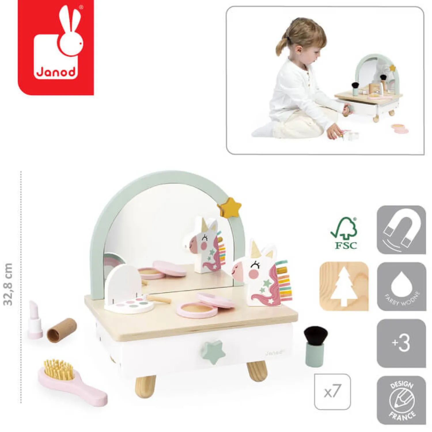 6 Lat+|4 Lata + | Janod Mała toaletka drewniana z akcesoriami Jednorożec 3+