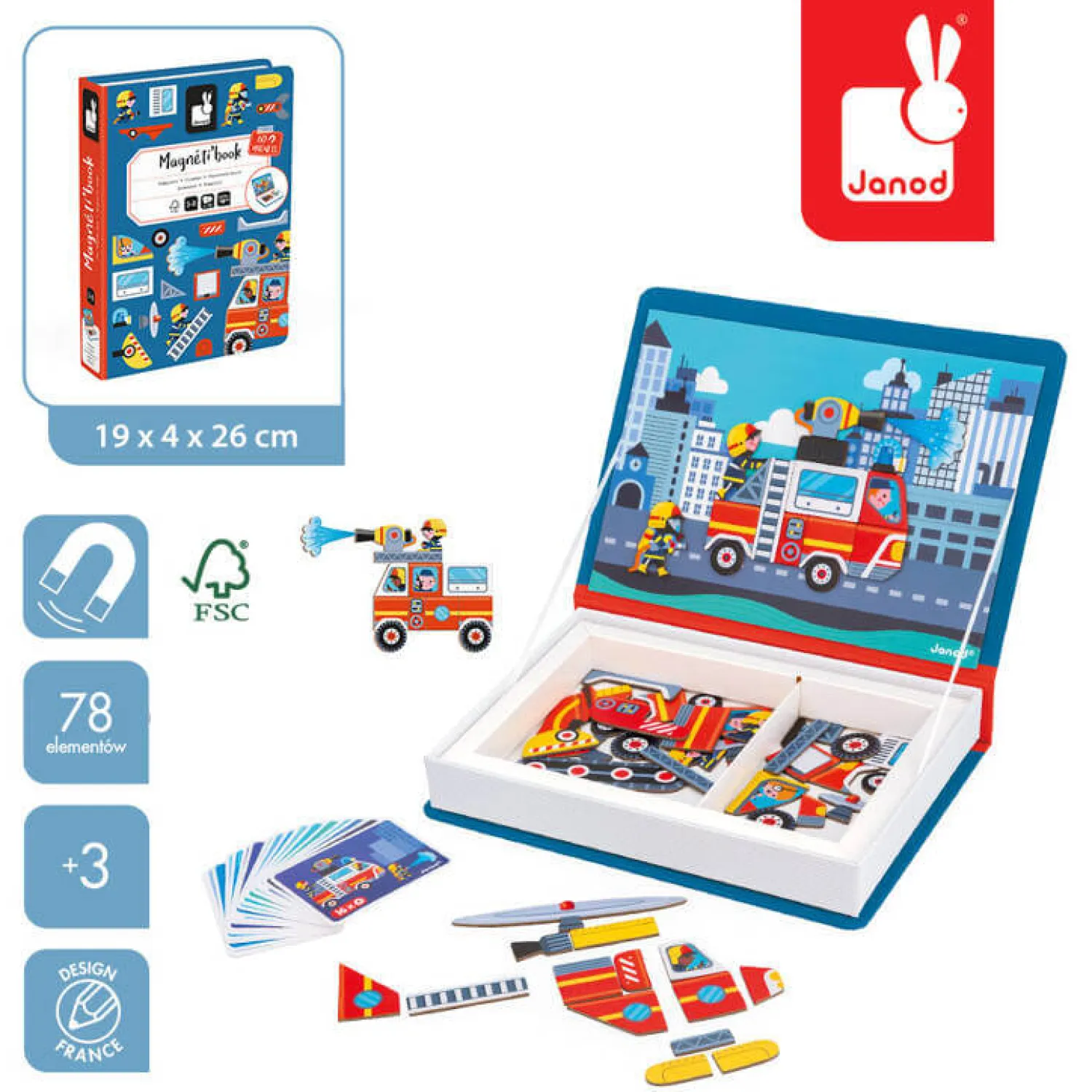 Idealne W Podróży|Magnetyczne | Janod Magnetyczna układanka Straż pożarna Magnetibook
