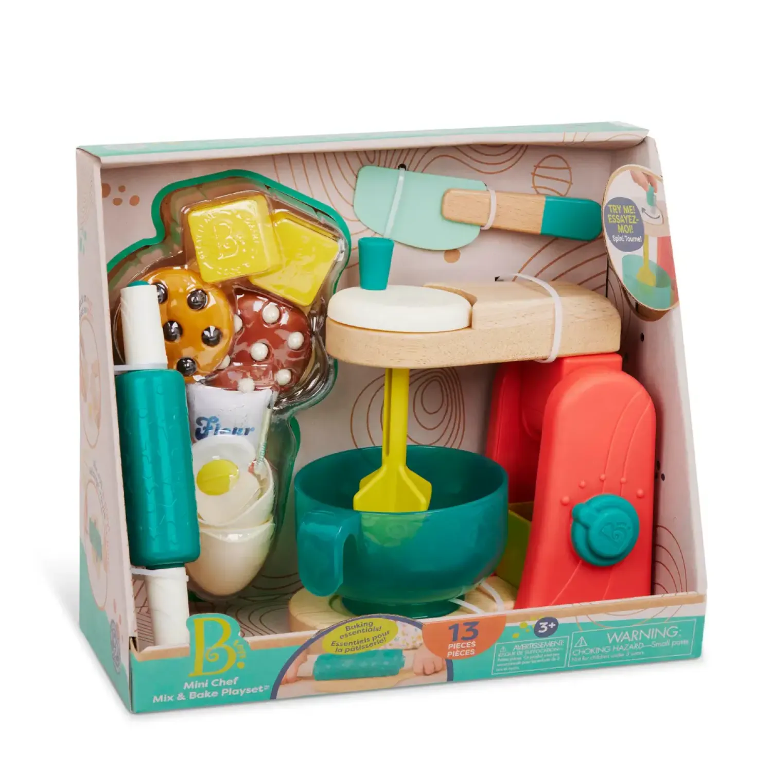 2 Lata +|4 Lata + | B.Toys Mini Chef – Mix & Bake Playset – drewniany mikser z akcesoriami i składnikami do pieczenia ciast