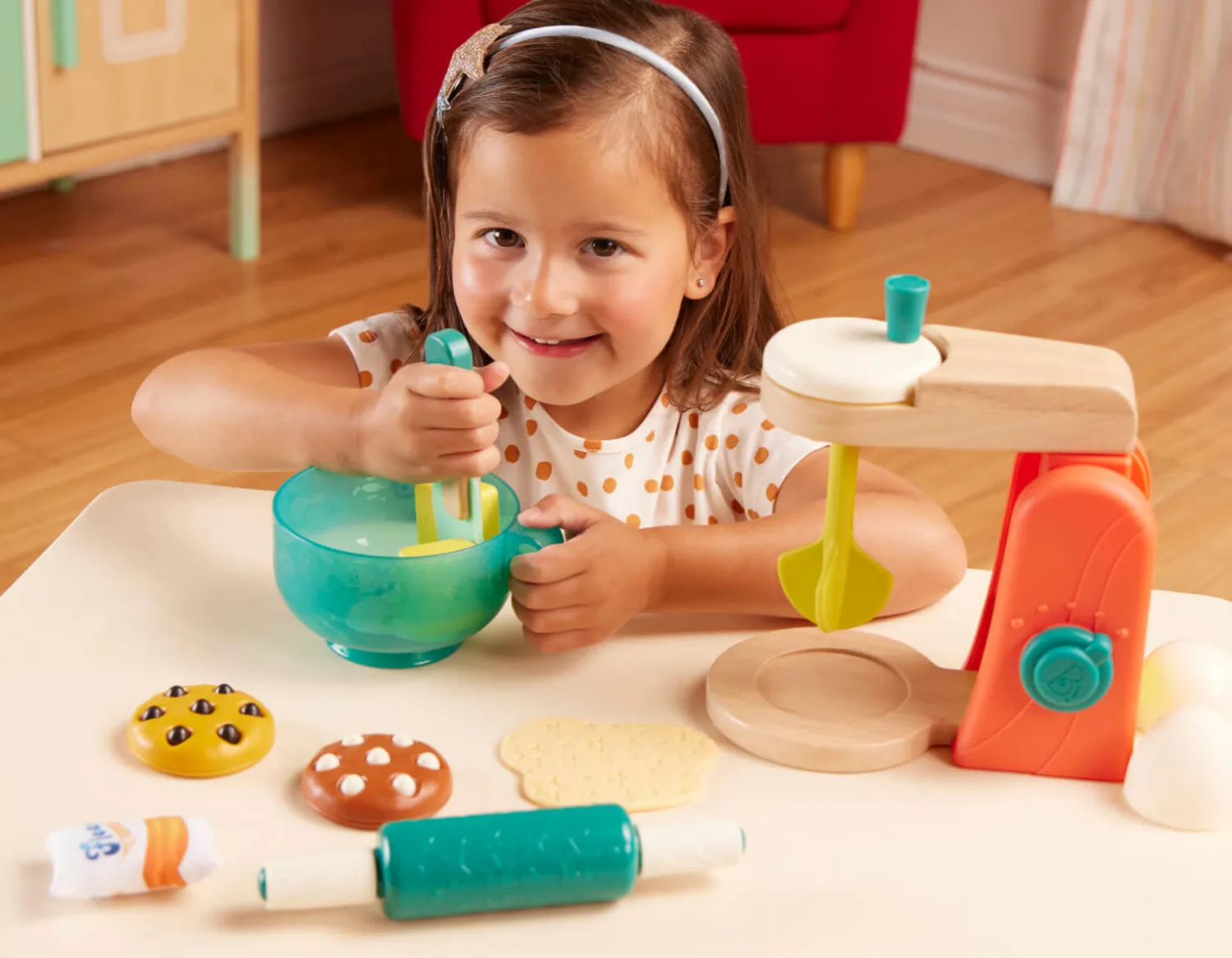 2 Lata +|4 Lata + | B.Toys Mini Chef – Mix & Bake Playset – drewniany mikser z akcesoriami i składnikami do pieczenia ciast