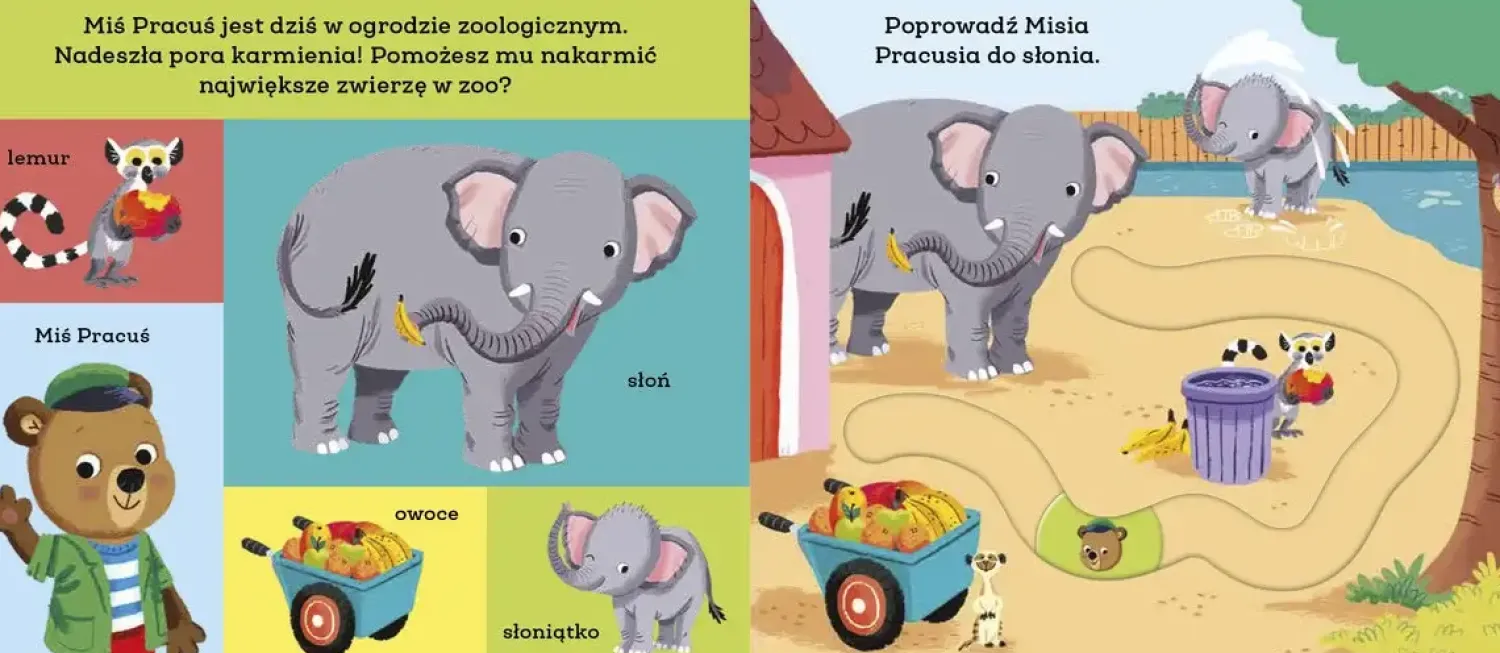 Ruchome Elementy|0-2 Lat | Wydawnictwo Wilga Miś Pracuś. Przesuń paluszkiem. W zoo