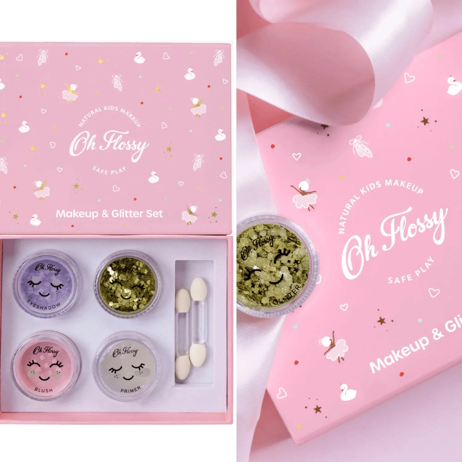 Naturalne Kosmetyki | Oh Flossy Naturalny zestaw do makijażu Ballet Sparkle, cień do powiek, róż, brokat bio i akcesoria
