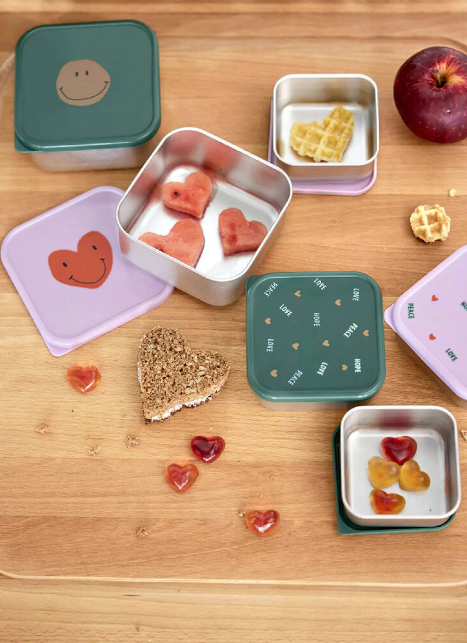 Lunchboxy|Przechowywanie Jedzenia | Lassig Pojemnik na przekąski snackbox ze stali nierdzewnej 3 szt. Happy Rascals Smile green