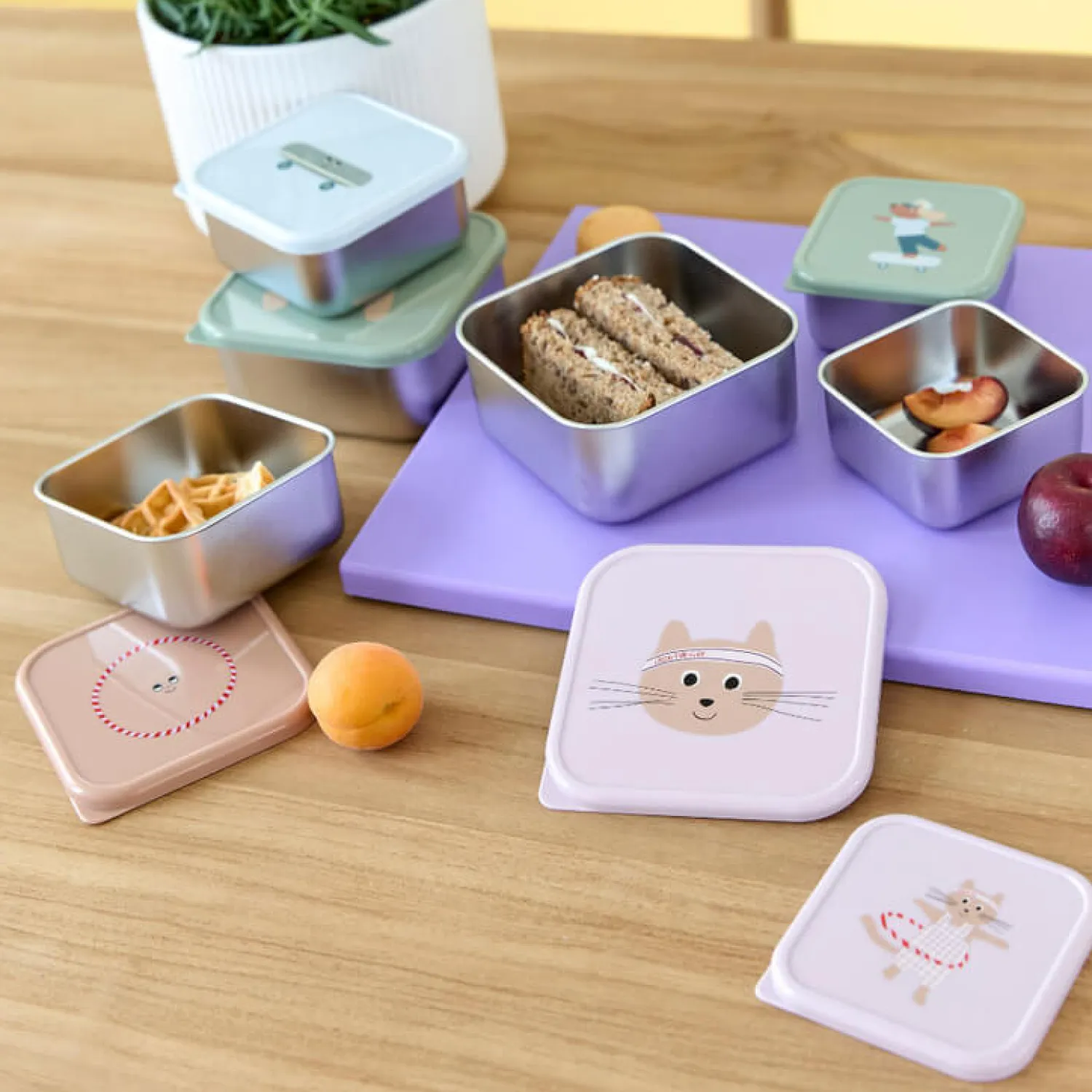 Lunchboxy|Przechowywanie Jedzenia | Lassig Pojemnik na przekąski snackbox ze stali nierdzewnej 3 szt. Tiny Team Kotek