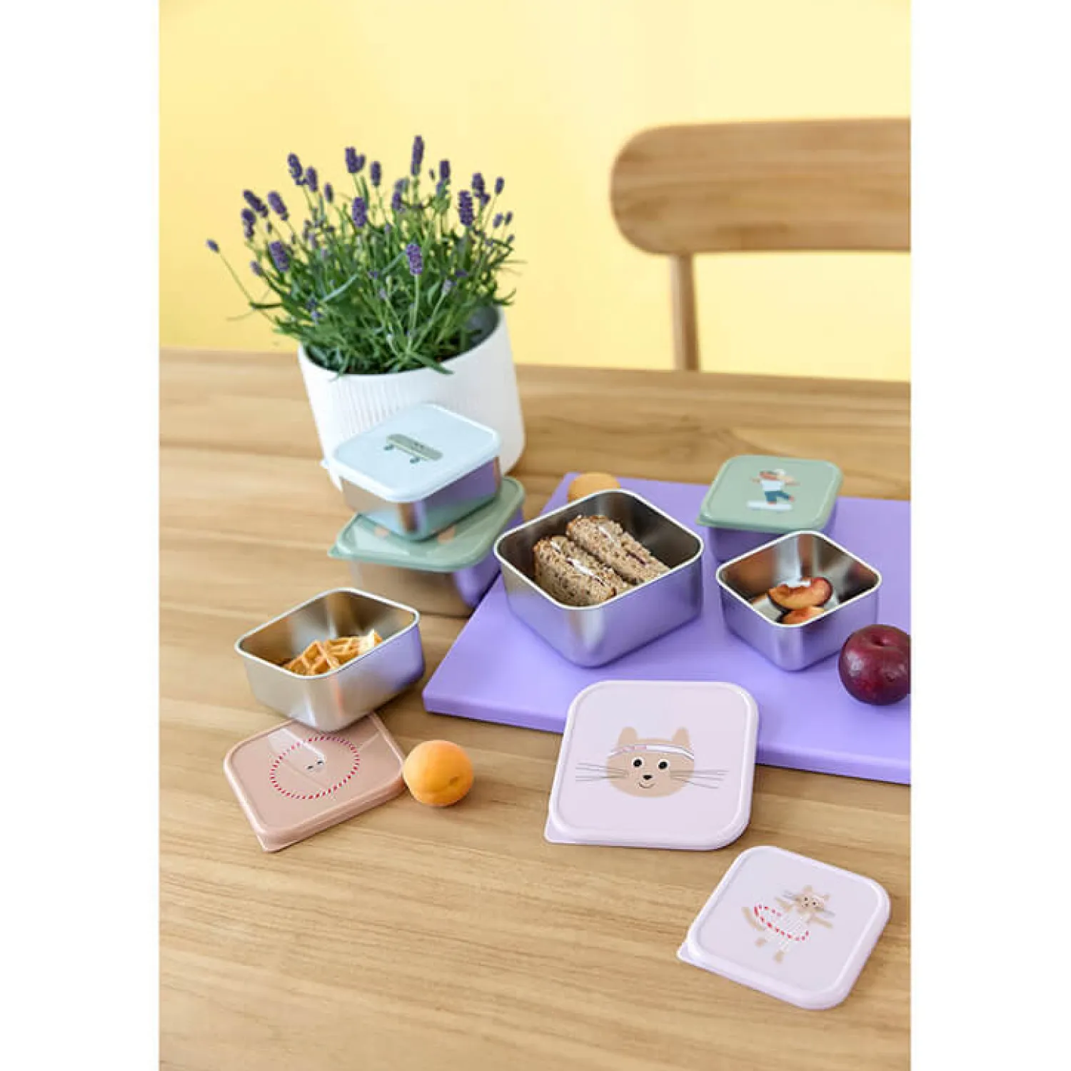Lunchboxy|Przechowywanie Jedzenia | Lassig Pojemnik na przekąski snackbox ze stali nierdzewnej 3 szt. Tiny Team Kotek