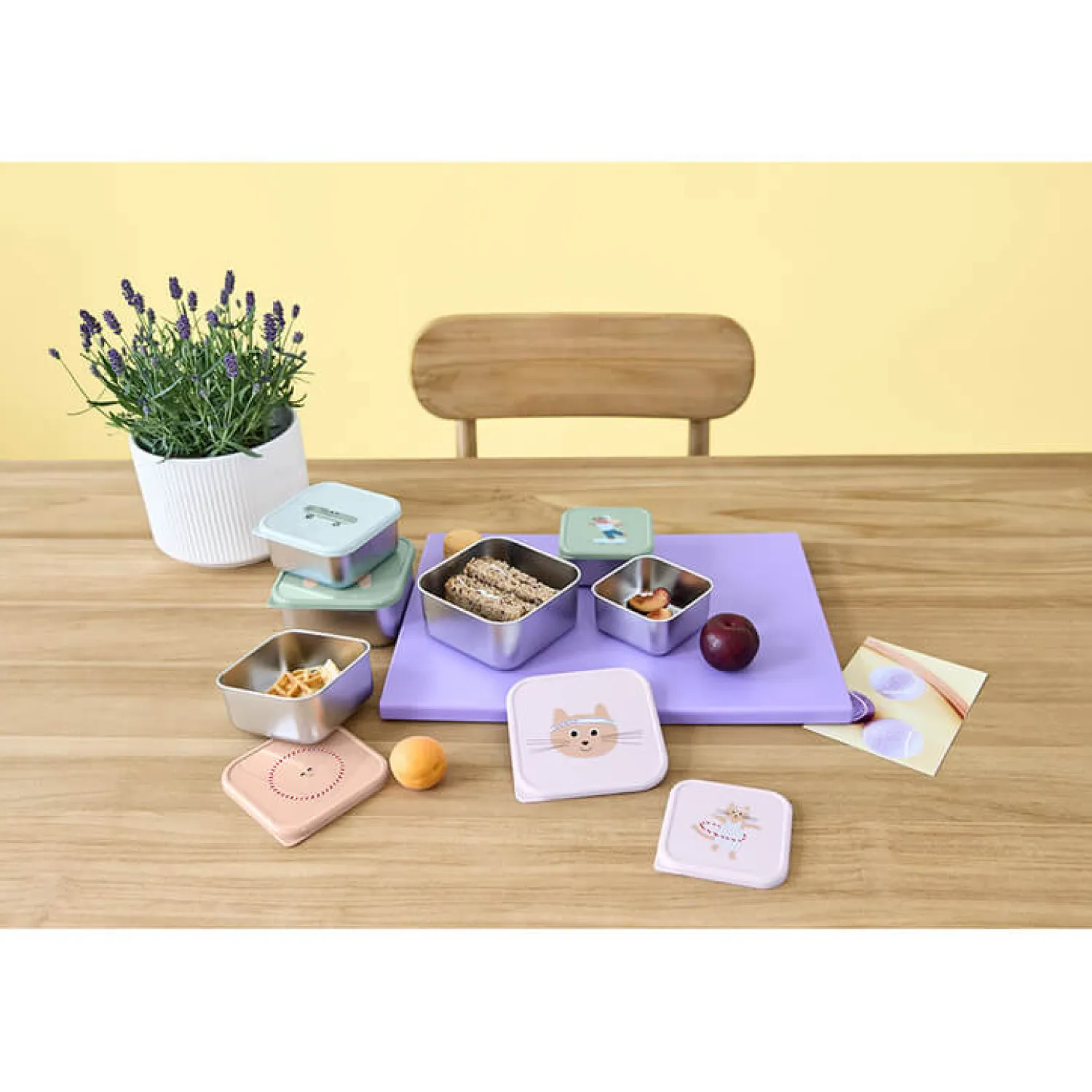 Lunchboxy|Przechowywanie Jedzenia | Lassig Pojemnik na przekąski snackbox ze stali nierdzewnej 3 szt. Tiny Team Kotek