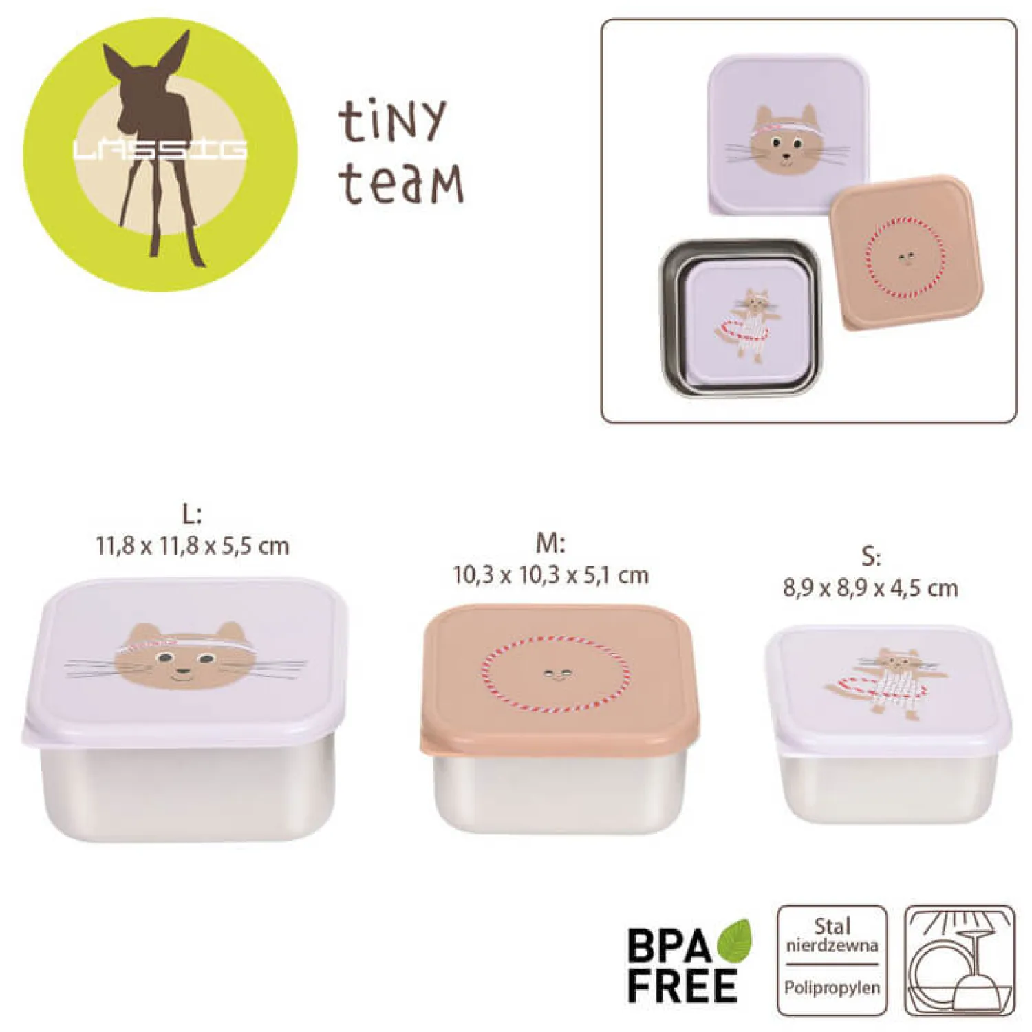 Lunchboxy|Przechowywanie Jedzenia | Lassig Pojemnik na przekąski snackbox ze stali nierdzewnej 3 szt. Tiny Team Kotek