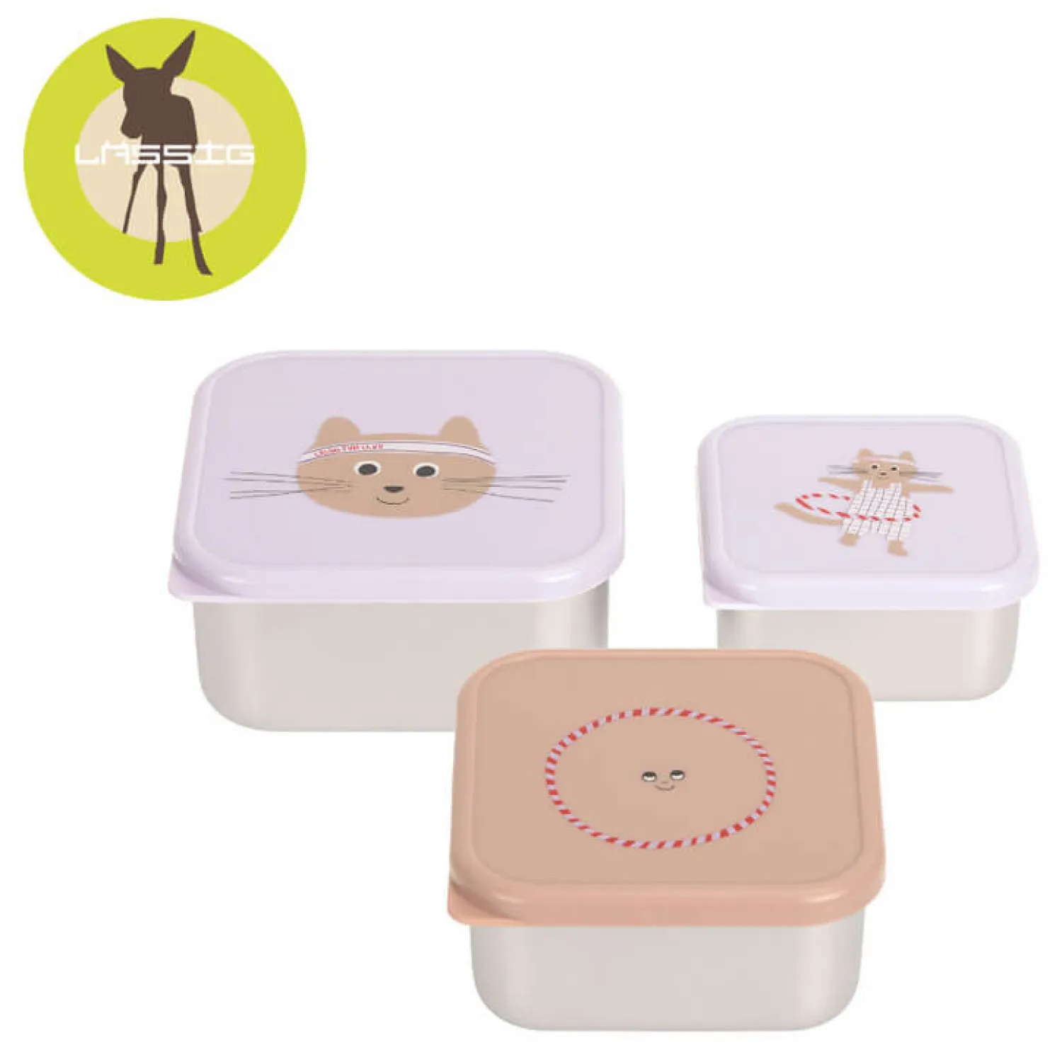 Lunchboxy|Przechowywanie Jedzenia | Lassig Pojemnik na przekąski snackbox ze stali nierdzewnej 3 szt. Tiny Team Kotek