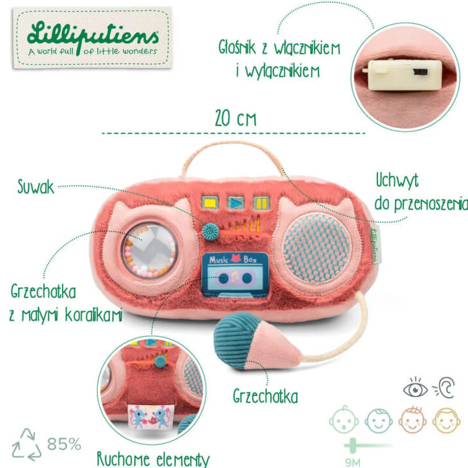 12M+|Aktywizujące | Lilliputiens Przytulanka aktywizująca do zabawy Radio Kotka Jeanne 9m+